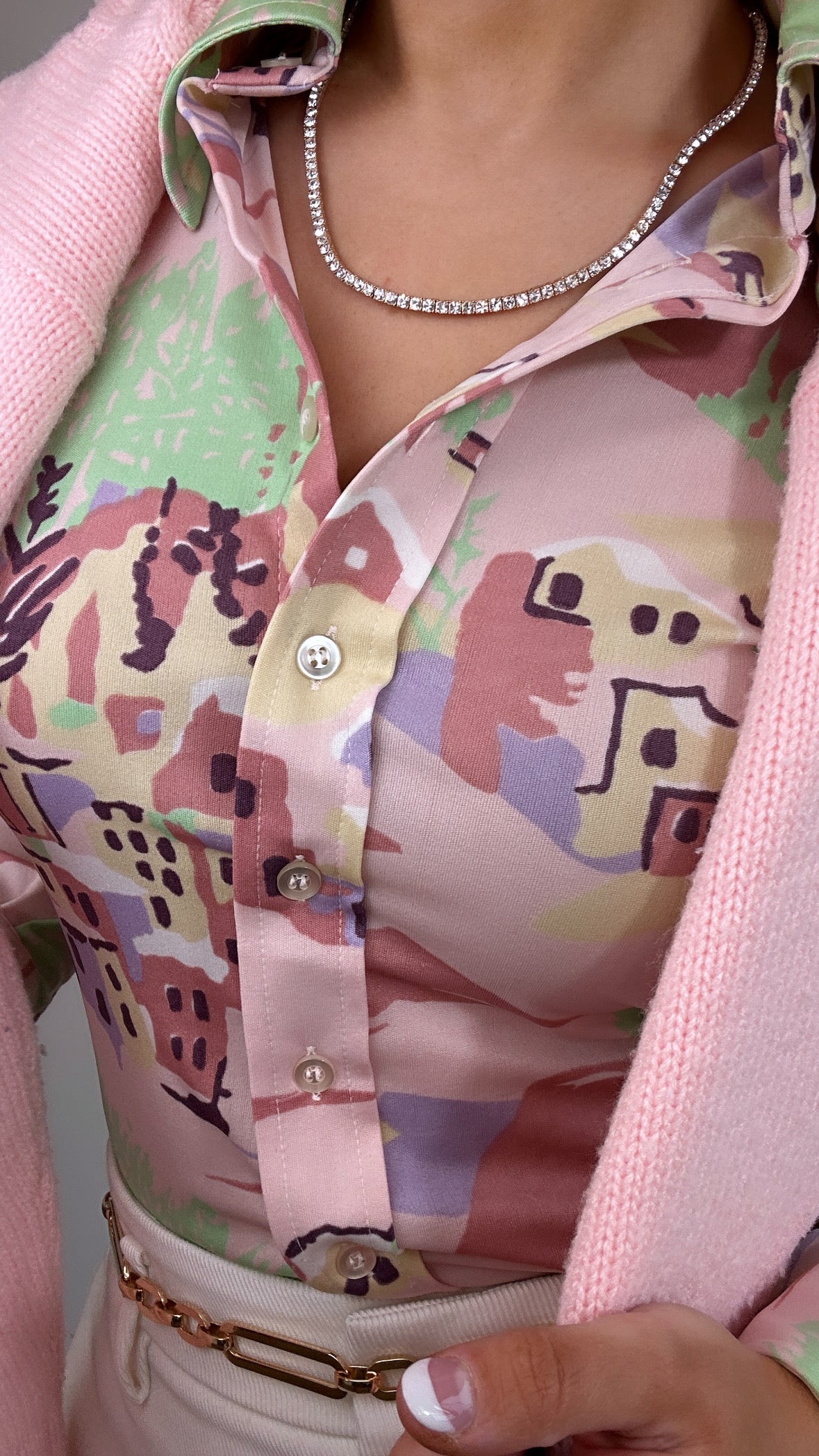 1970's Vintage Pastel Novelty Print Button Down Dagger Top