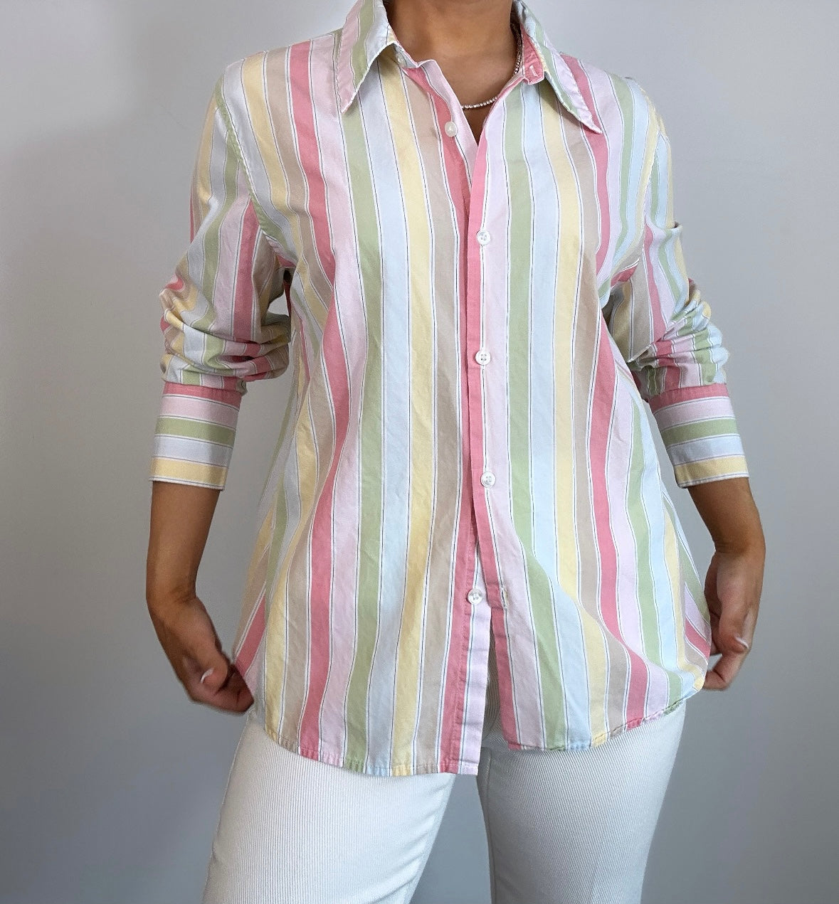 Vintage Villager Rainbow Pastel Striped Button Down Top