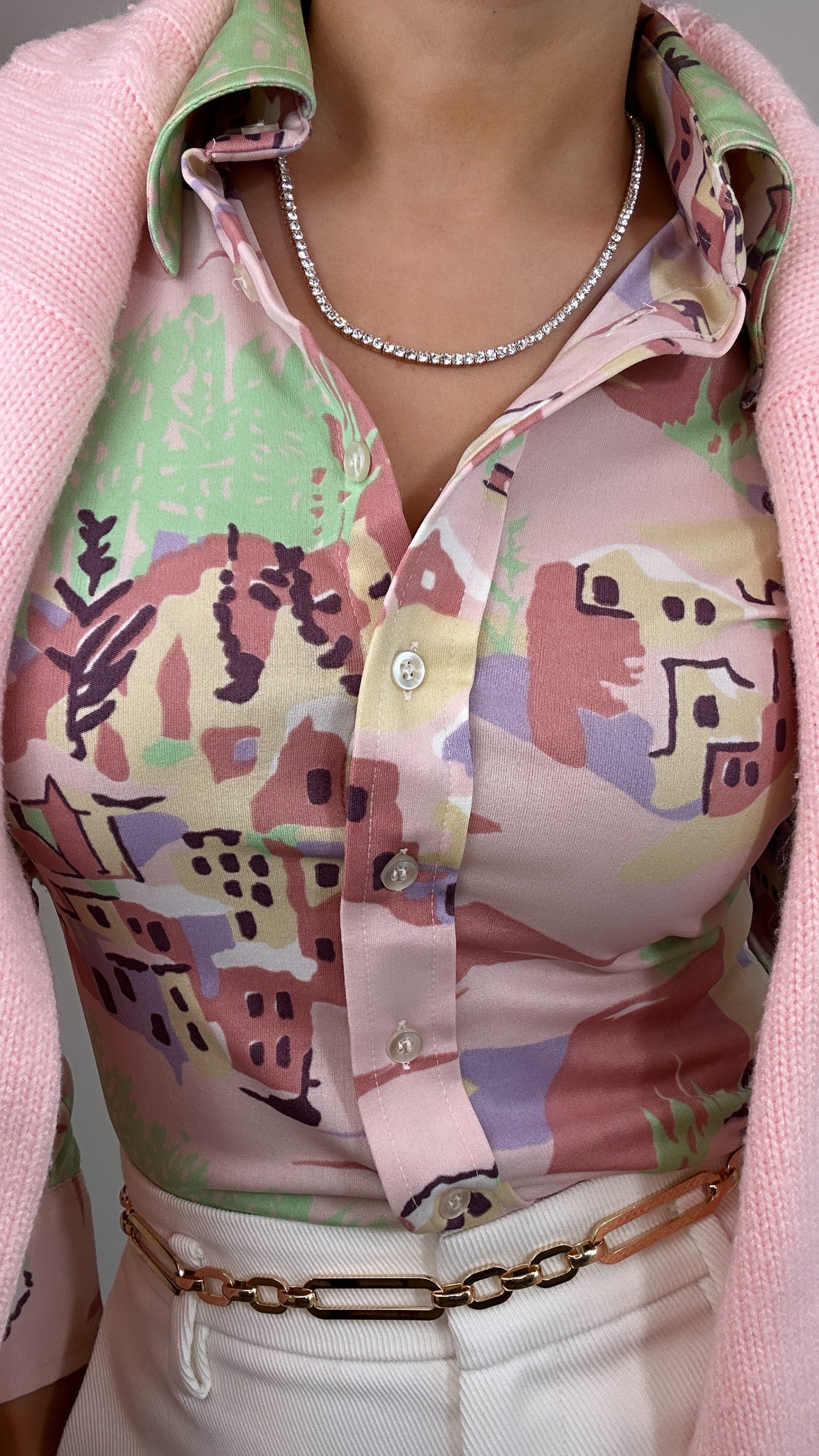 1970's Vintage Pastel Novelty Print Button Down Dagger Top