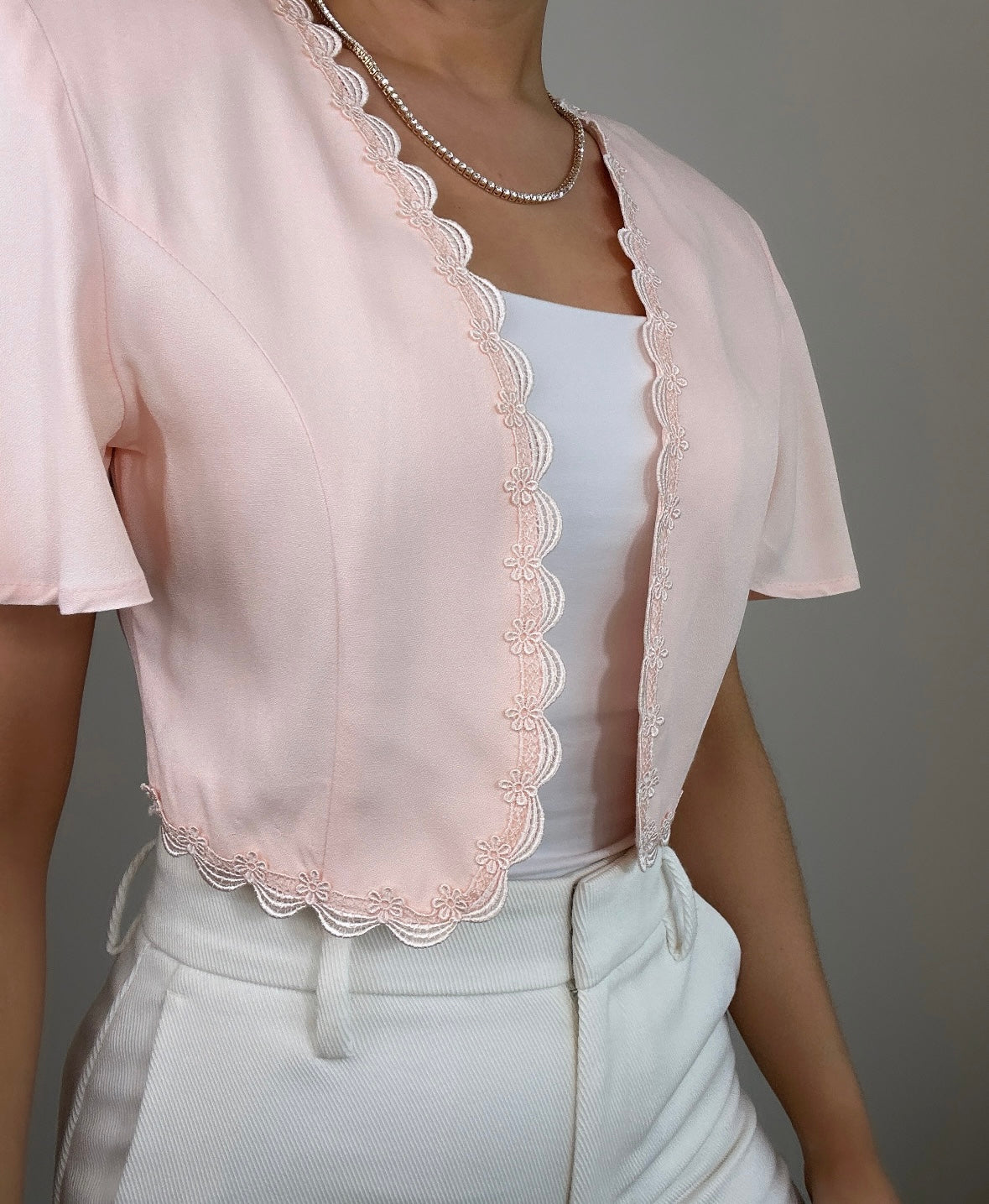Vintage Light Pink Lace Trim Crop Bolero Top