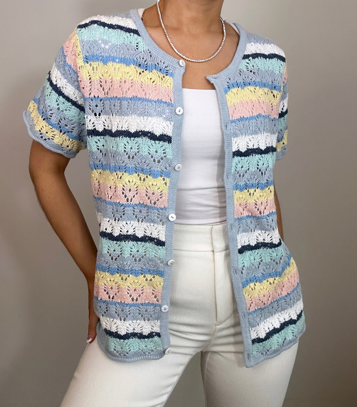 Vintage Crazy Horse Crochet Pastel Short Sleeve Knit Top