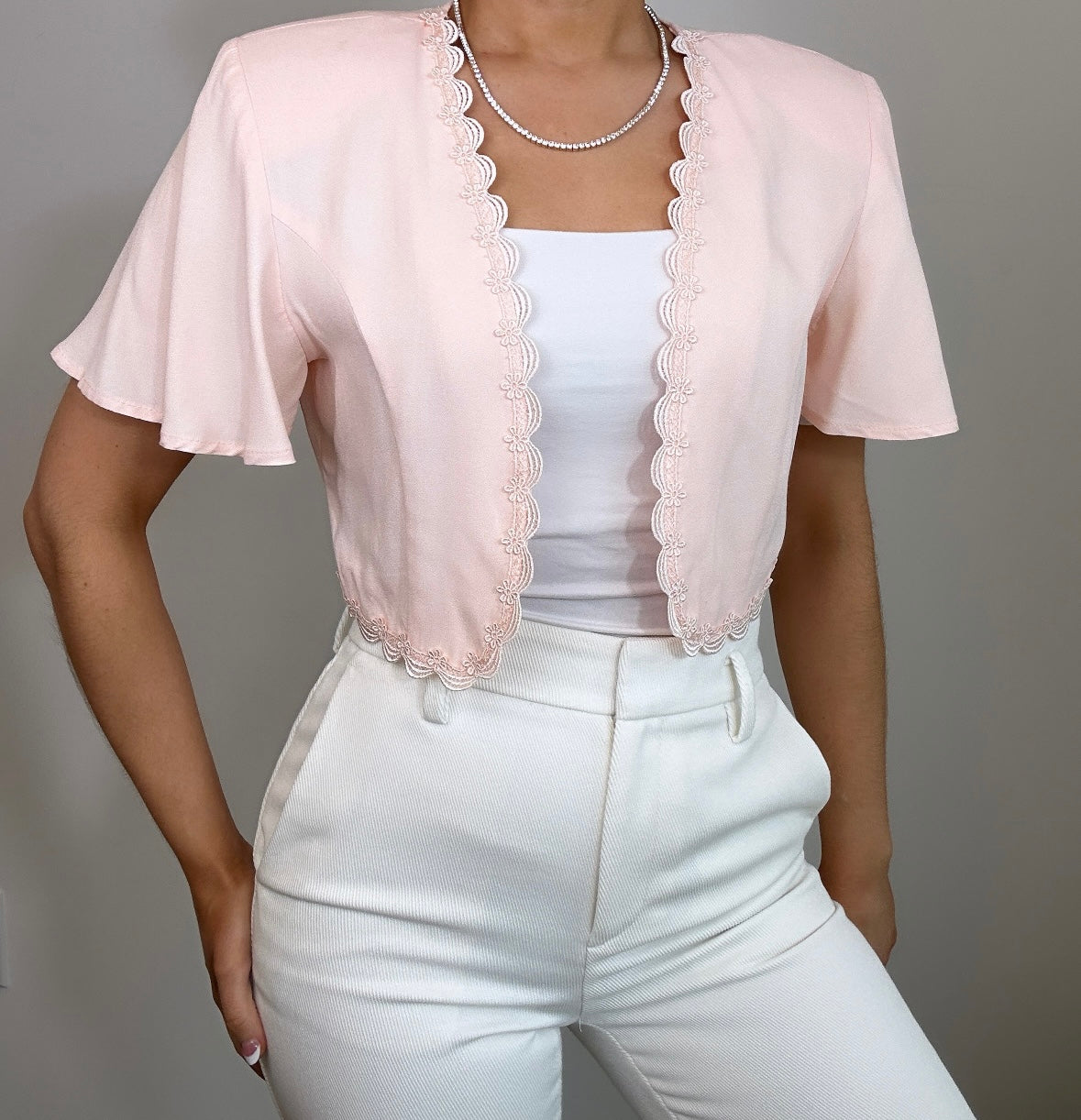 Vintage Light Pink Lace Trim Crop Bolero Top