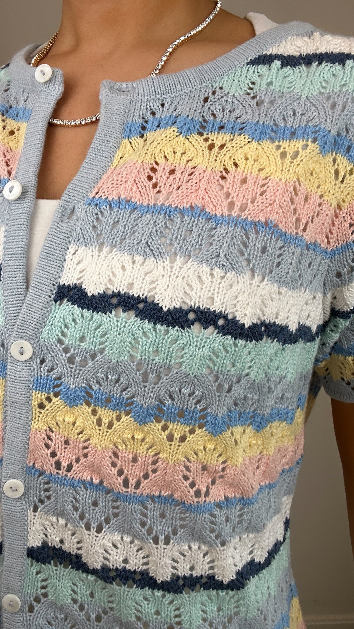 Vintage Crazy Horse Crochet Pastel Short Sleeve Knit Top