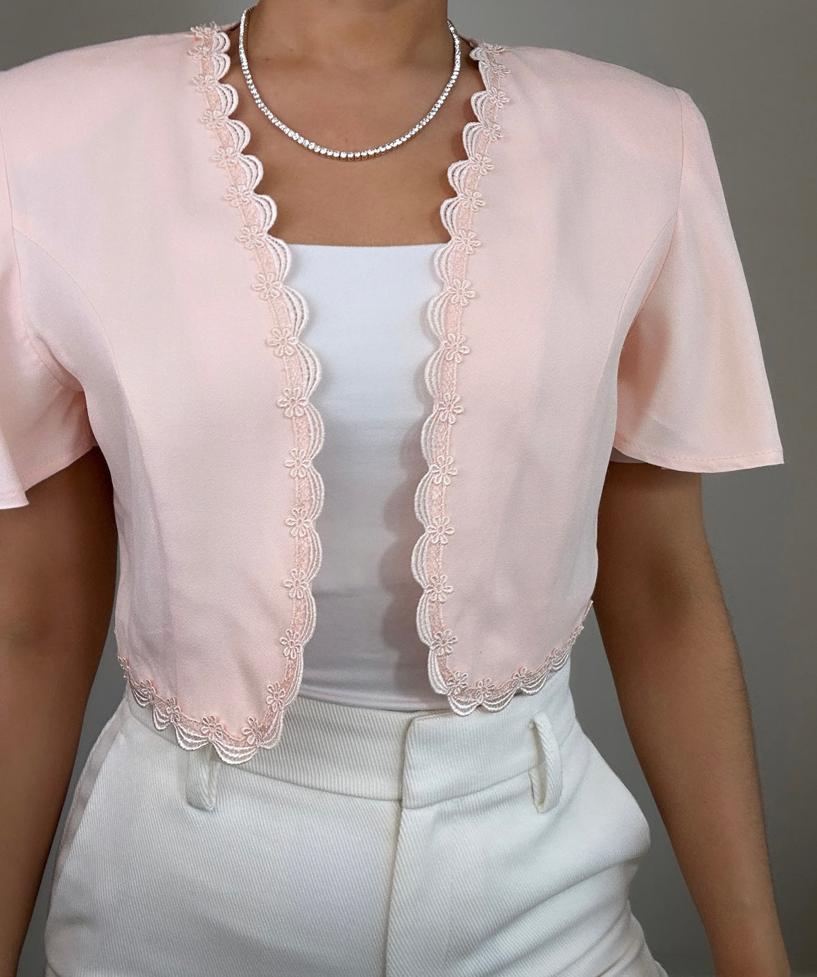 Vintage Light Pink Lace Trim Crop Bolero Top