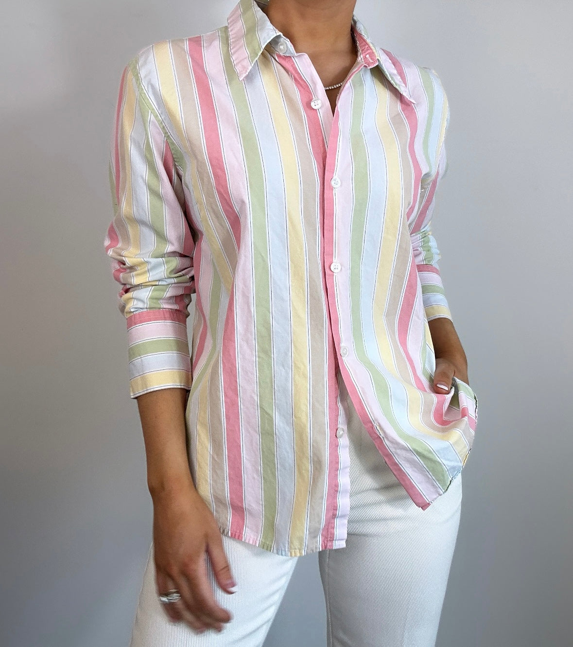 Vintage Villager Rainbow Pastel Striped Button Down Top