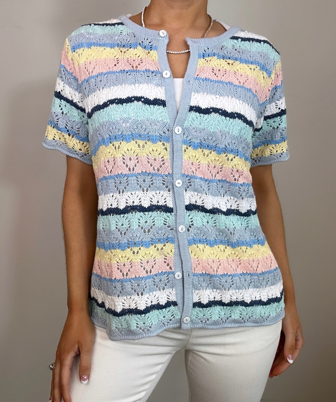 Vintage Crazy Horse Crochet Pastel Short Sleeve Knit Top