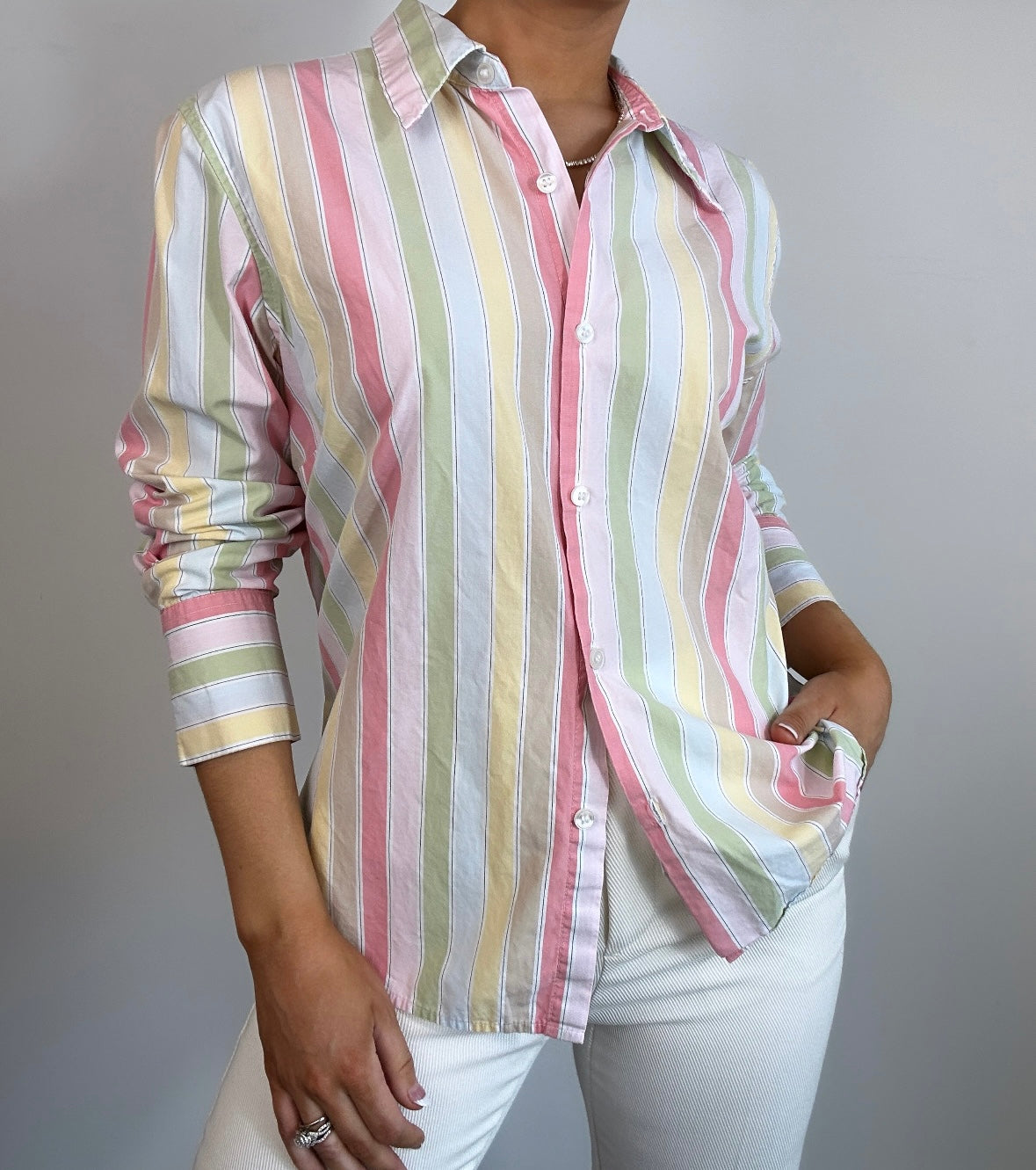 Vintage Villager Rainbow Pastel Striped Button Down Top