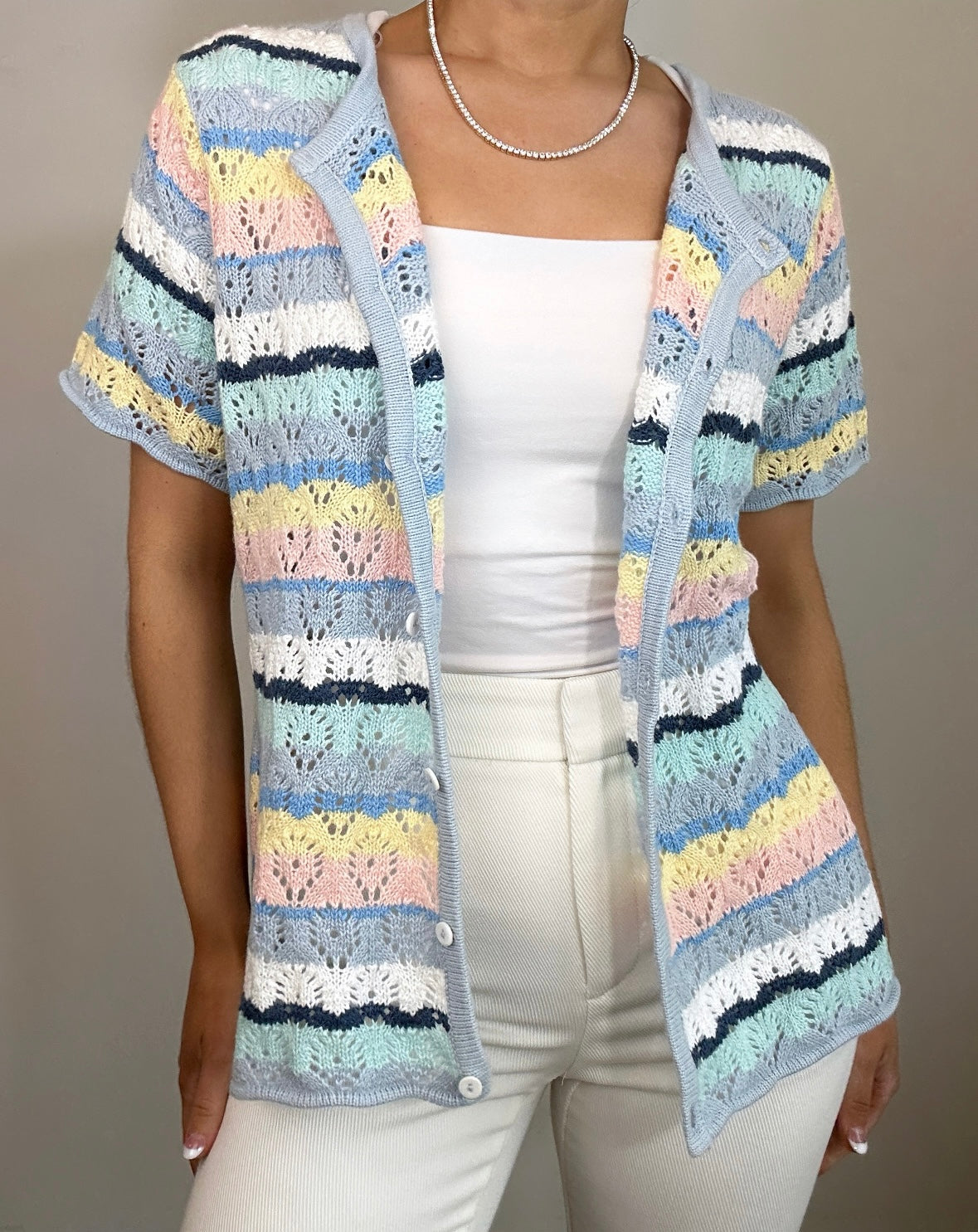 Vintage Crazy Horse Crochet Pastel Short Sleeve Knit Top