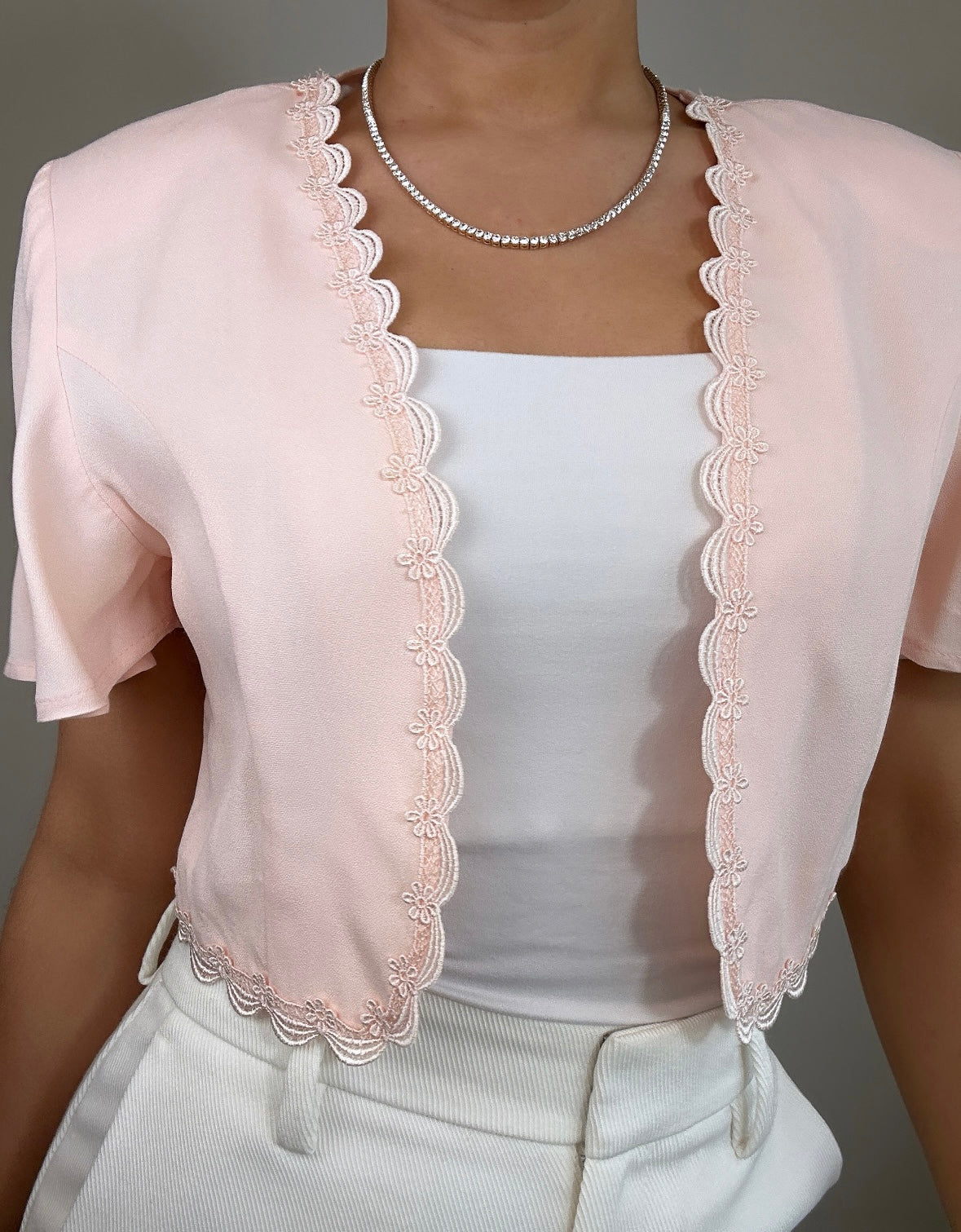 Vintage Light Pink Lace Trim Crop Bolero Top
