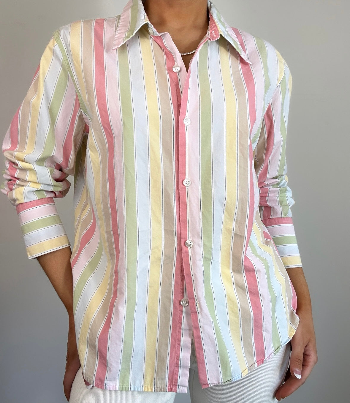 Vintage Villager Rainbow Pastel Striped Button Down Top