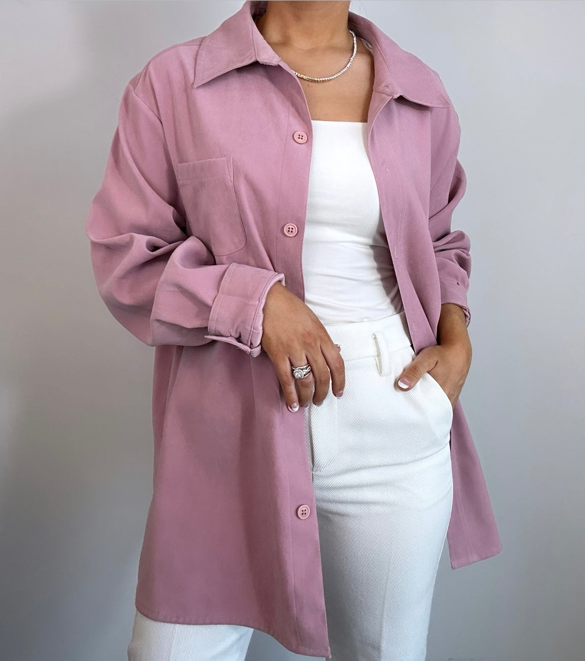 Vintage Faux Suede Mauve Pink Shacket Button Down Top