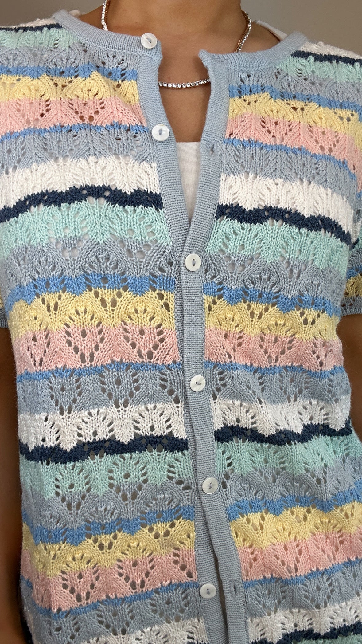 Vintage Crazy Horse Crochet Pastel Short Sleeve Knit Top