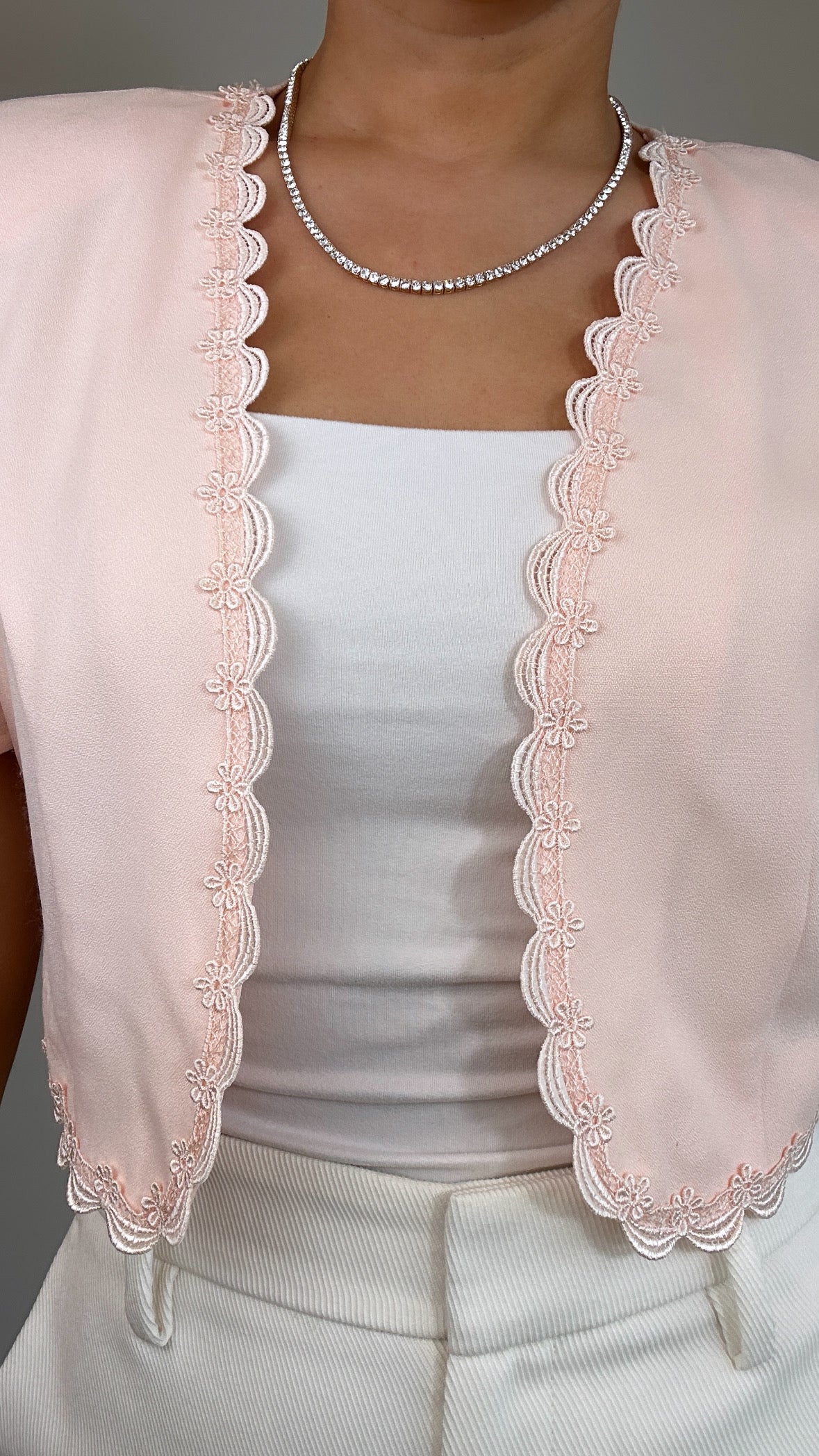 Vintage Light Pink Lace Trim Crop Bolero Top