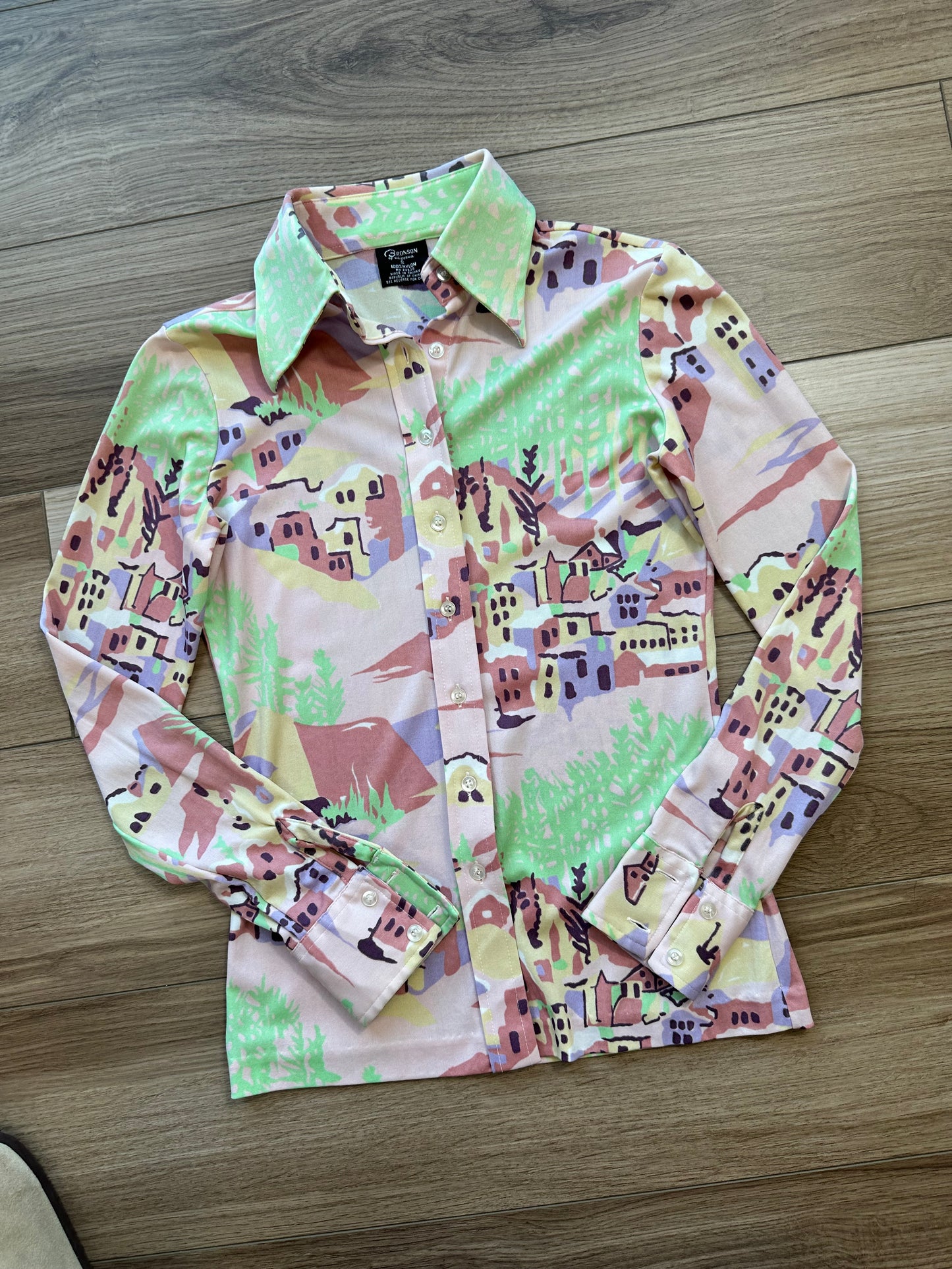 1970's Vintage Pastel Novelty Print Button Down Dagger Top