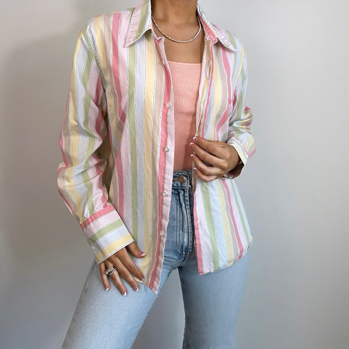 Vintage Villager Rainbow Pastel Striped Button Down Top
