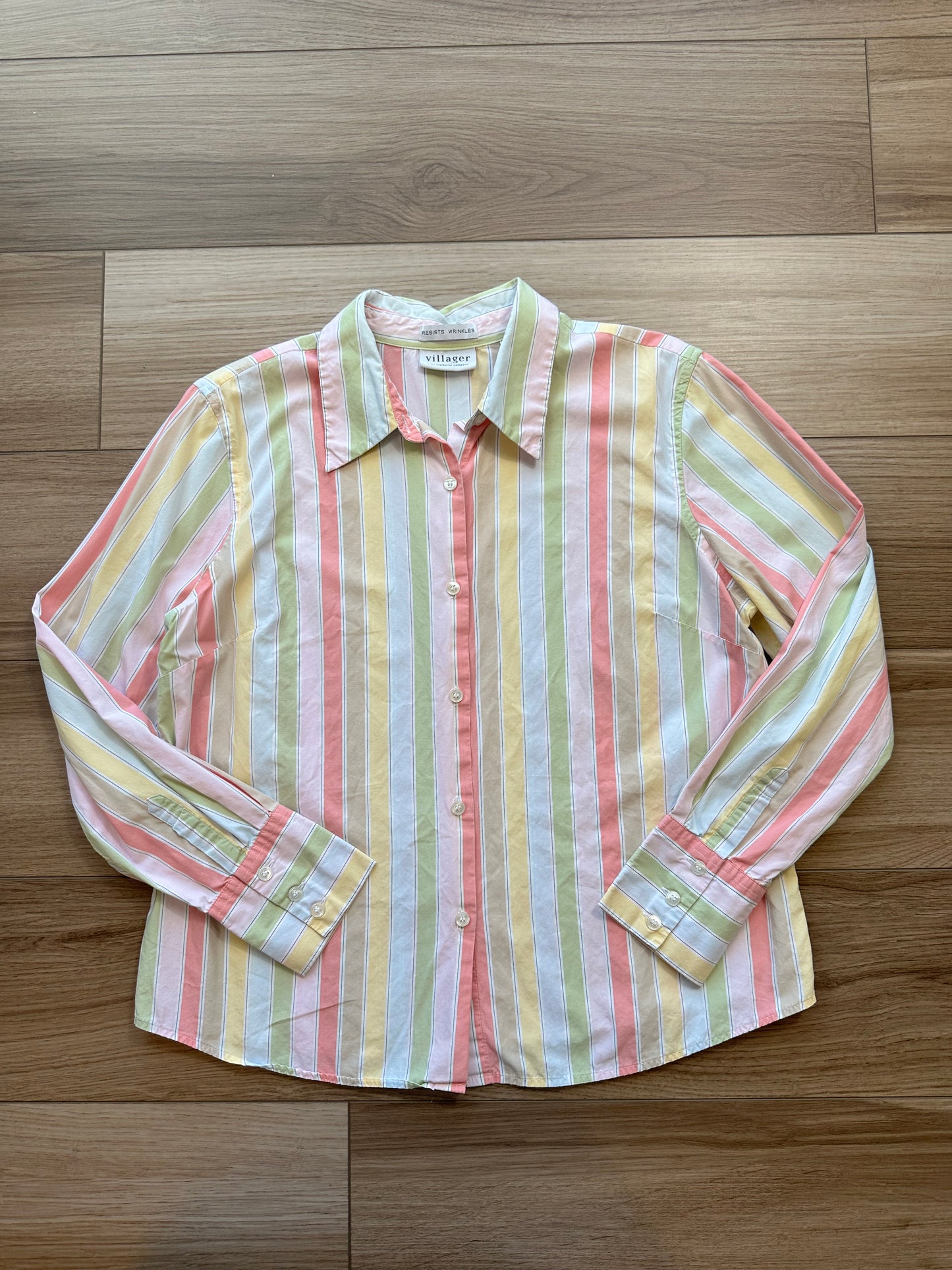 Vintage Villager Rainbow Pastel Striped Button Down Top