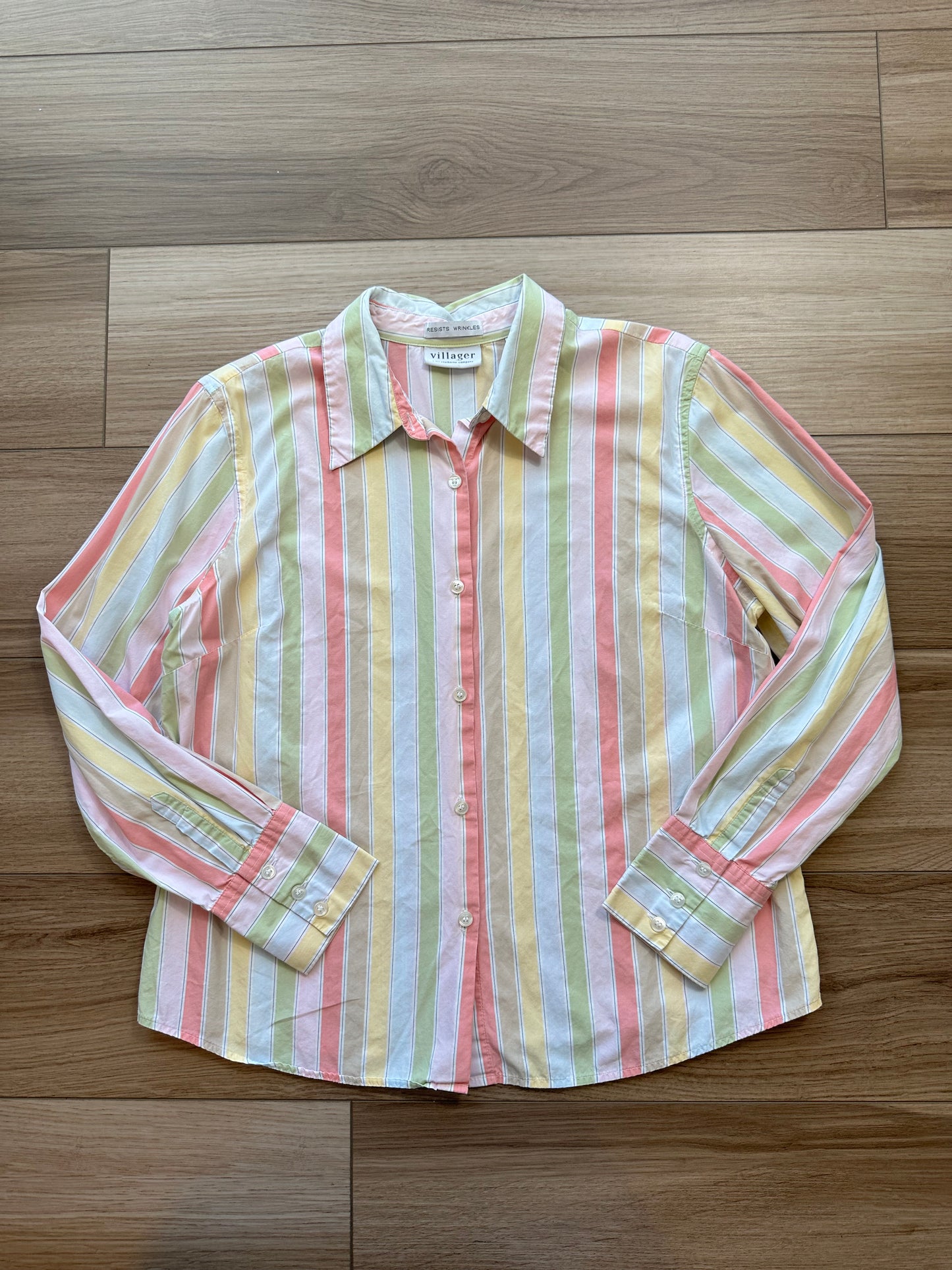 Vintage Villager Rainbow Pastel Striped Button Down Top