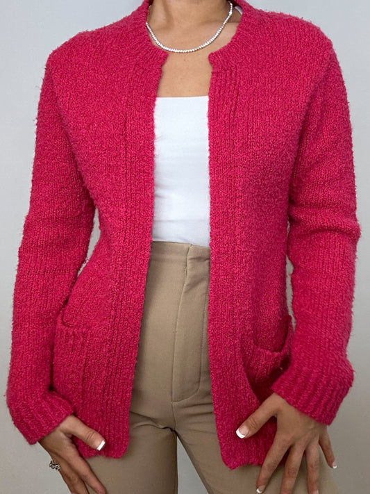 Vintage Townhouse Long Hot Pink Cardigan Sweater with Pockets