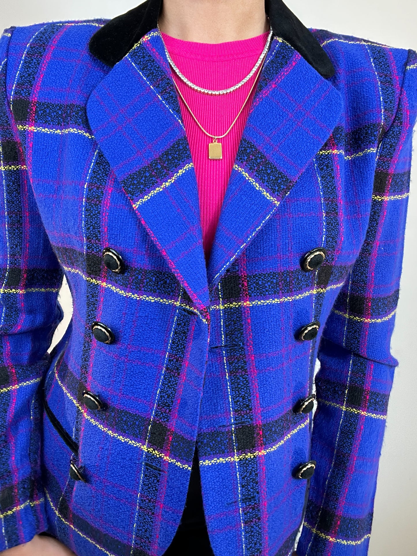 Vintage Lois Snyder Dani Max Petites Roya Blue Pink Yellow Plaid Blazer Jacket