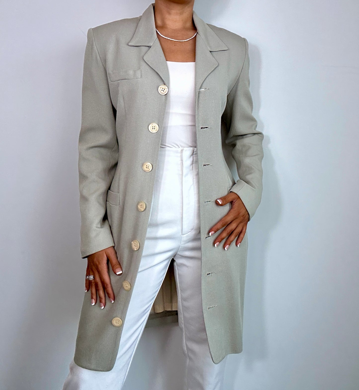 Vintage Barami Light Sage Green Longline Blazer Dress Coat