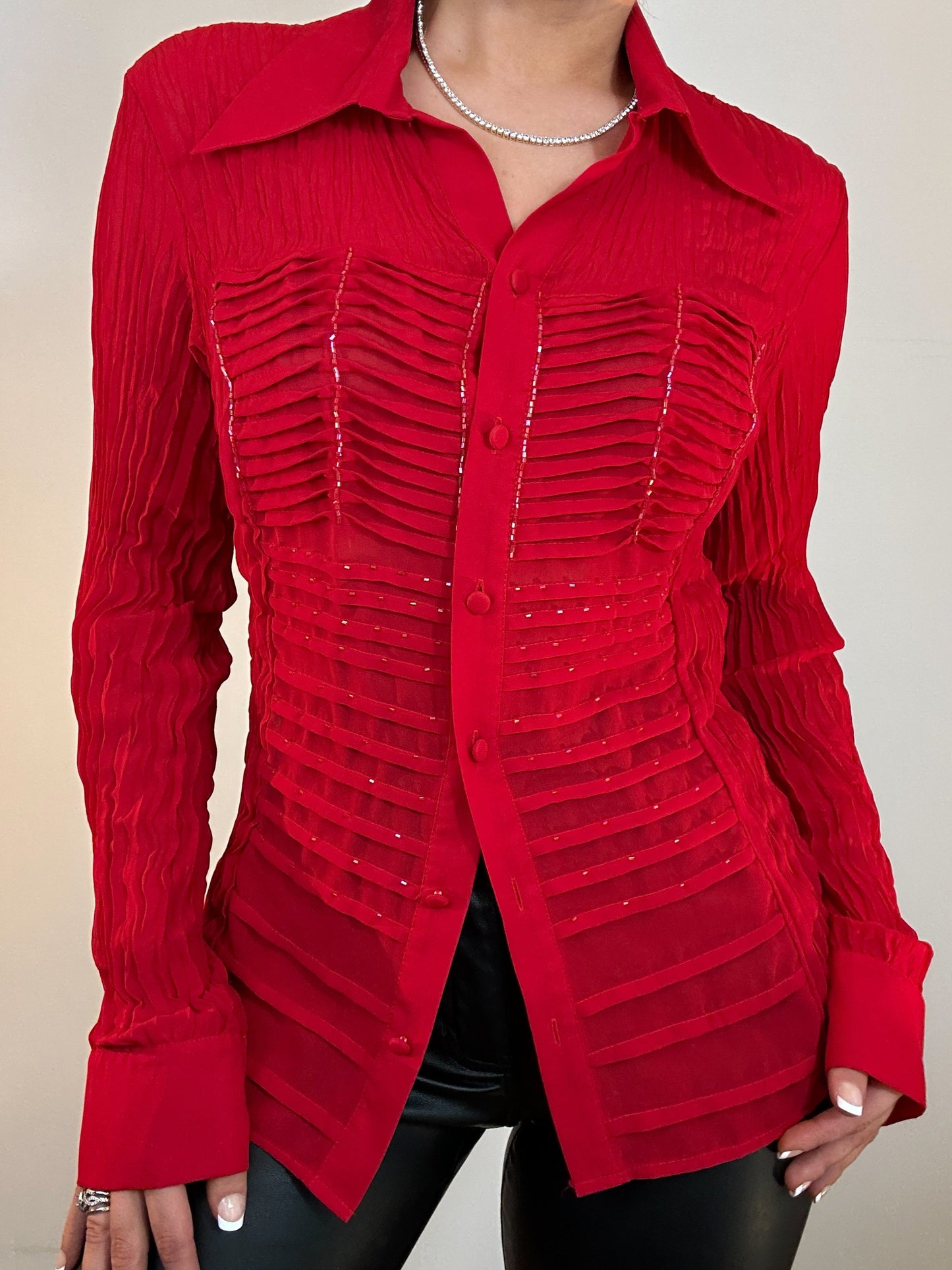 Y2K Vintage Kaelyn Max Red Beaded Textured Sheer Lon Sleeve Blouse