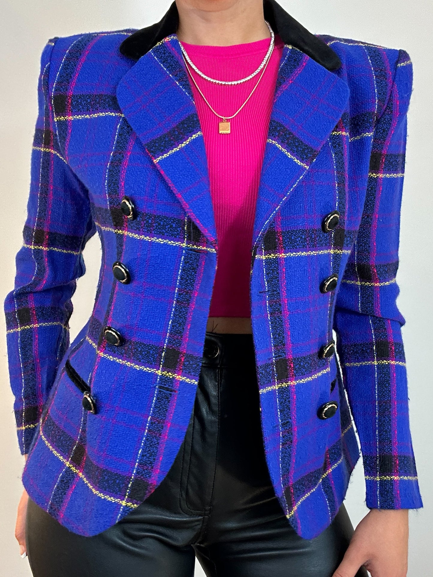 Vintage Lois Snyder Dani Max Petites Roya Blue Pink Yellow Plaid Blazer Jacket