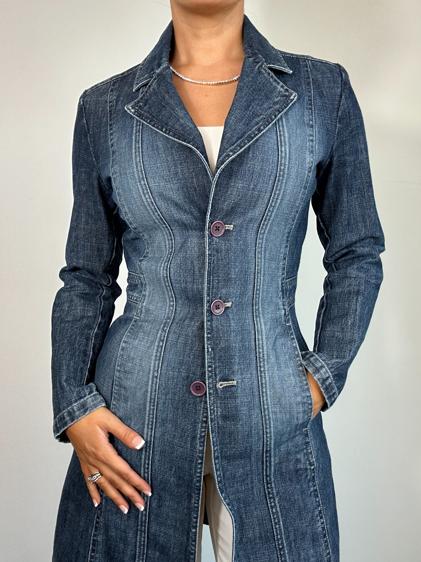 Early 2000s Y2K Dark Wash Denim Trench Jacket