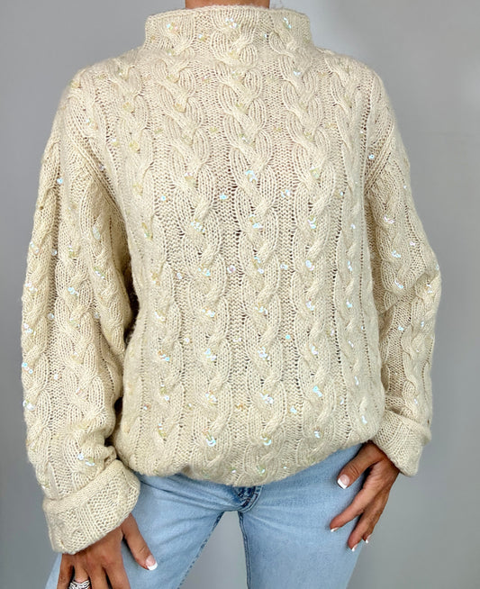 Vintage Venezia Jeans Cream Sequin Embellished Mock Neck Chunky Knit Sweater