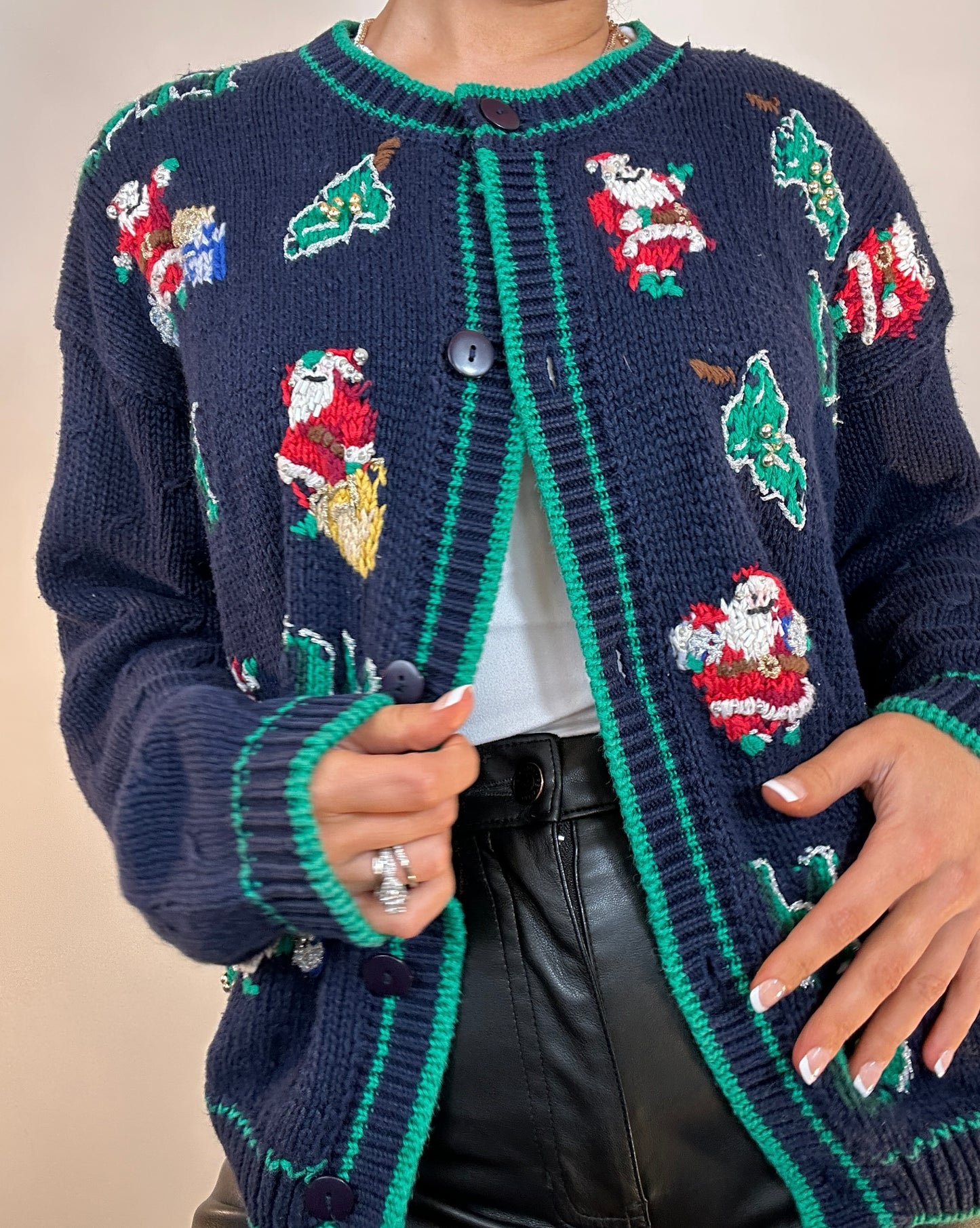 Vintage Navy Green Embroidered Beaded Santa Christmas Cardigan Sweater