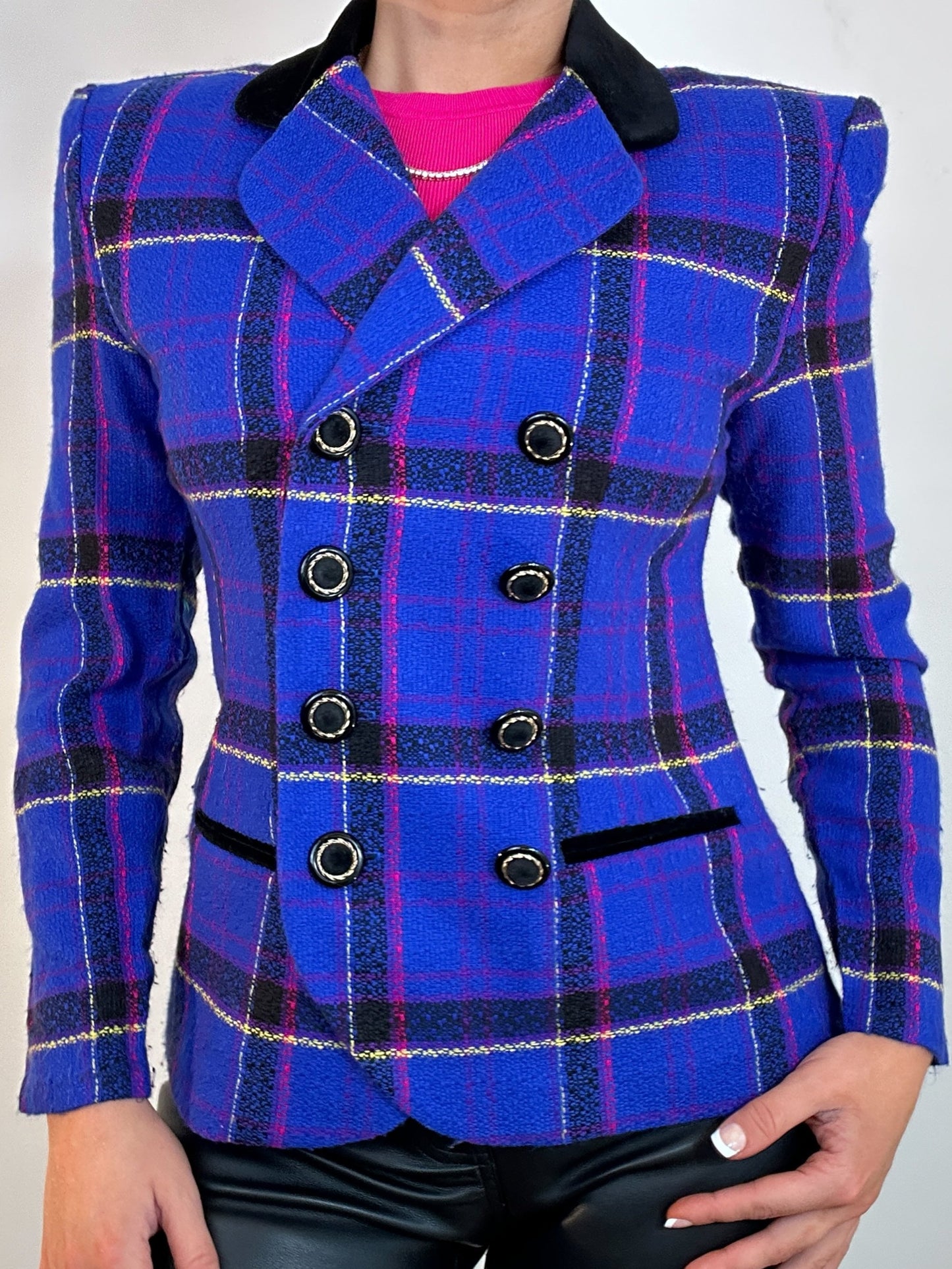 Vintage Lois Snyder Dani Max Petites Roya Blue Pink Yellow Plaid Blazer Jacket