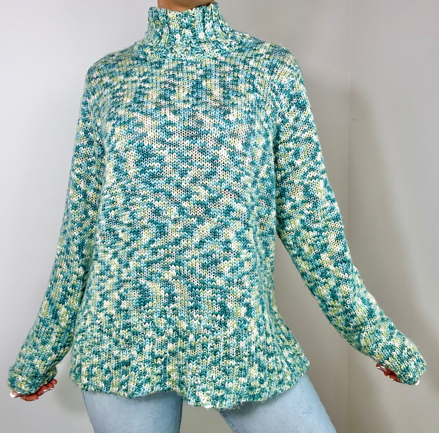 Vintage Villager Green Blue Chunky Knit Mock Neck Sweater