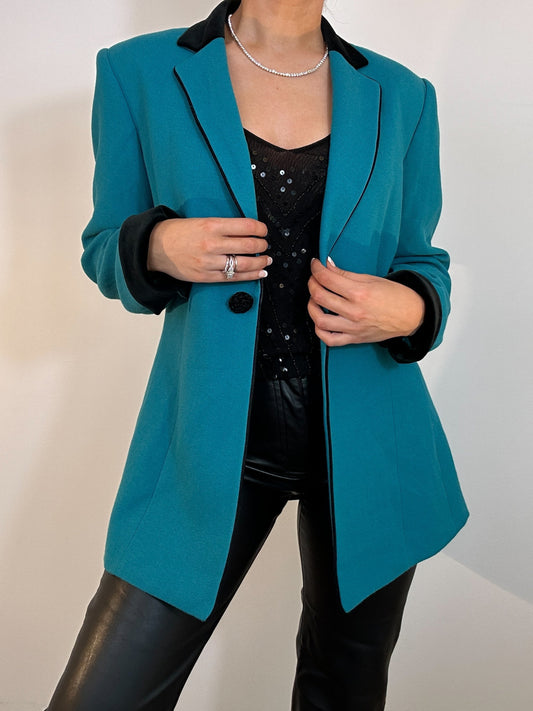 Vintage Emerald Green Black Velvet Collard Kasper Longline Blazer Jacket