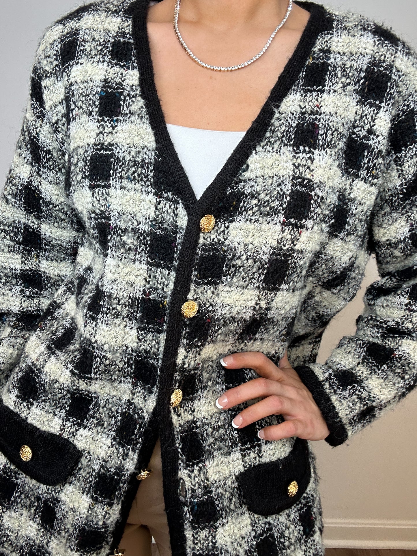 Vintage Summit Hill Black White Gold Button Plaid Cardigan Sweater