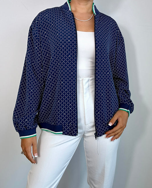 Vintage Popovitch Play Navy & Green Trim Printed Bomber Sports Jacket