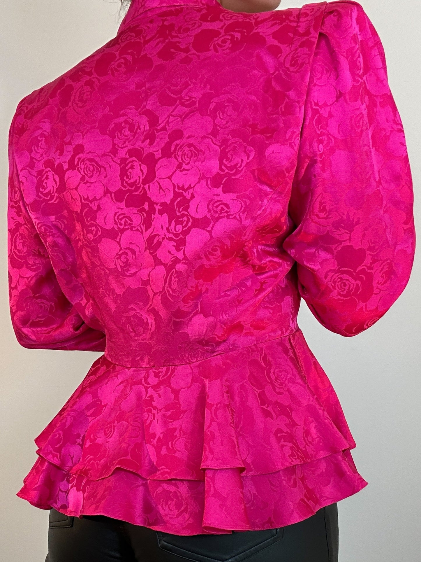 Vintage Hot Pink Rose Jaquard Floral Peplum Silk Long Sleeve Blouse