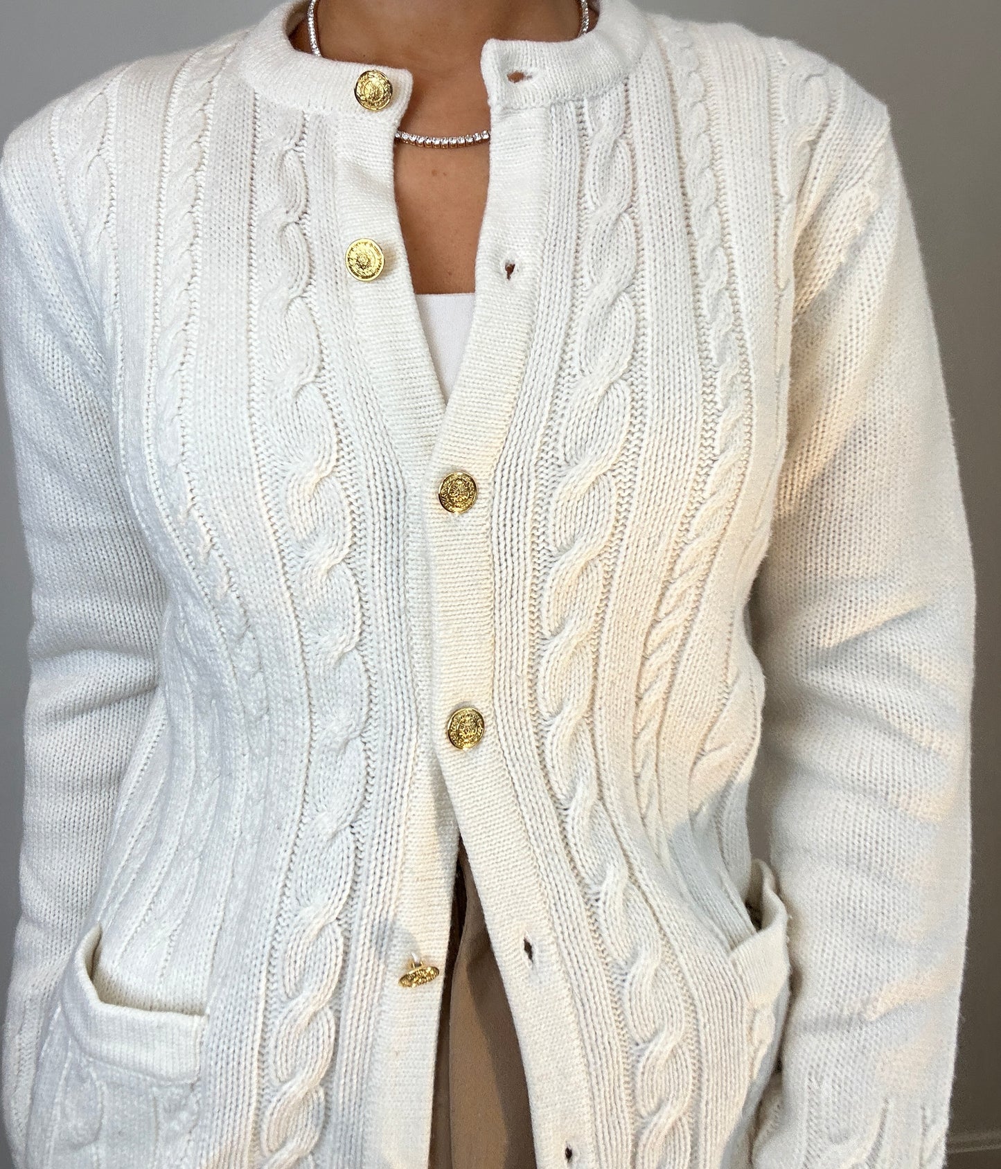 Vintage Preppy Classic Elements Cable Knit Cardigan Gold Buttons