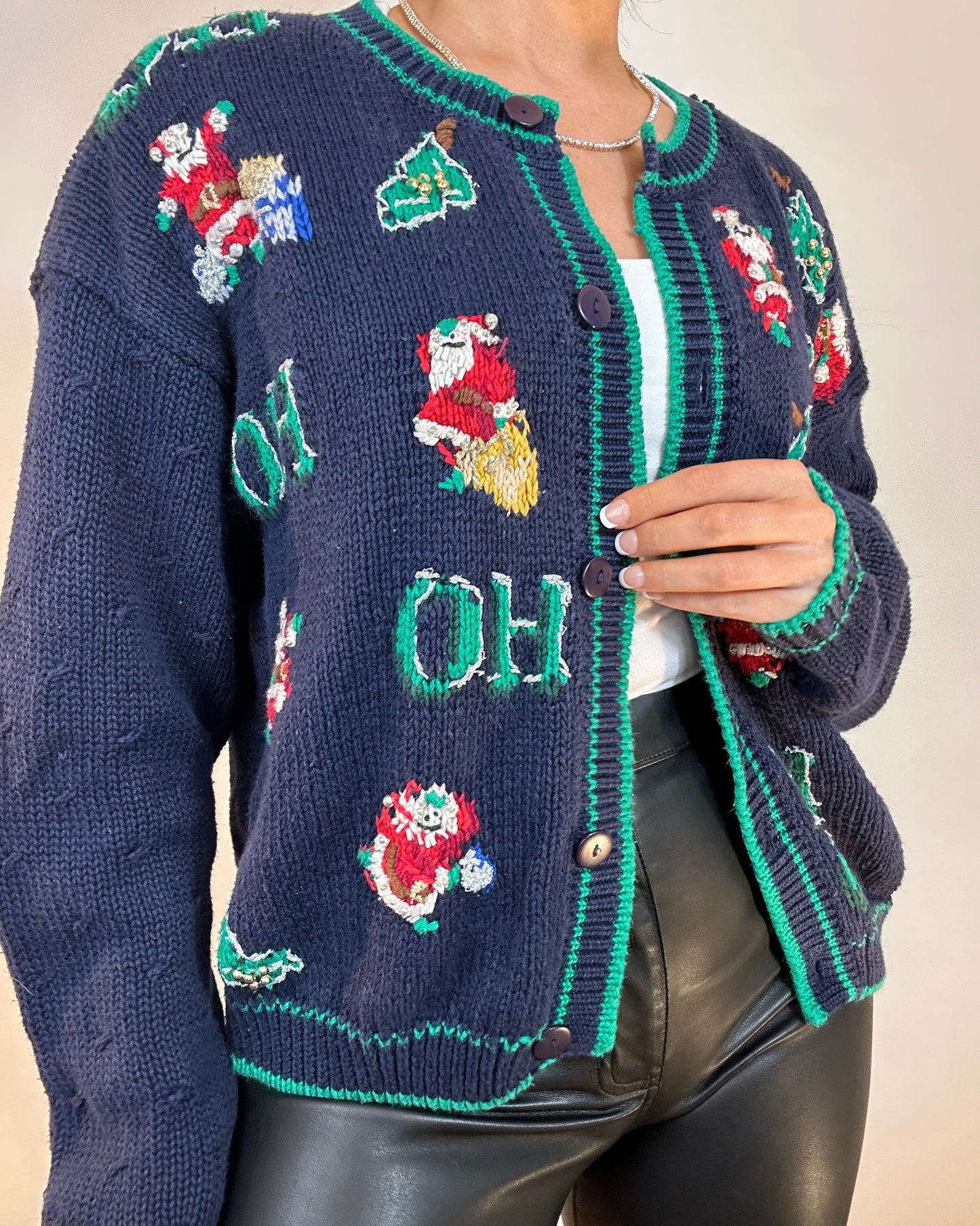 Vintage Navy Green Embroidered Beaded Santa Christmas Cardigan Sweater