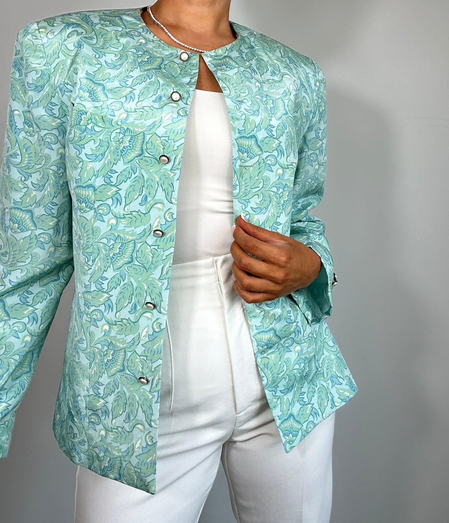 Vintage Shrader Sport Elegant Printed Green Blue Blazer Jacket