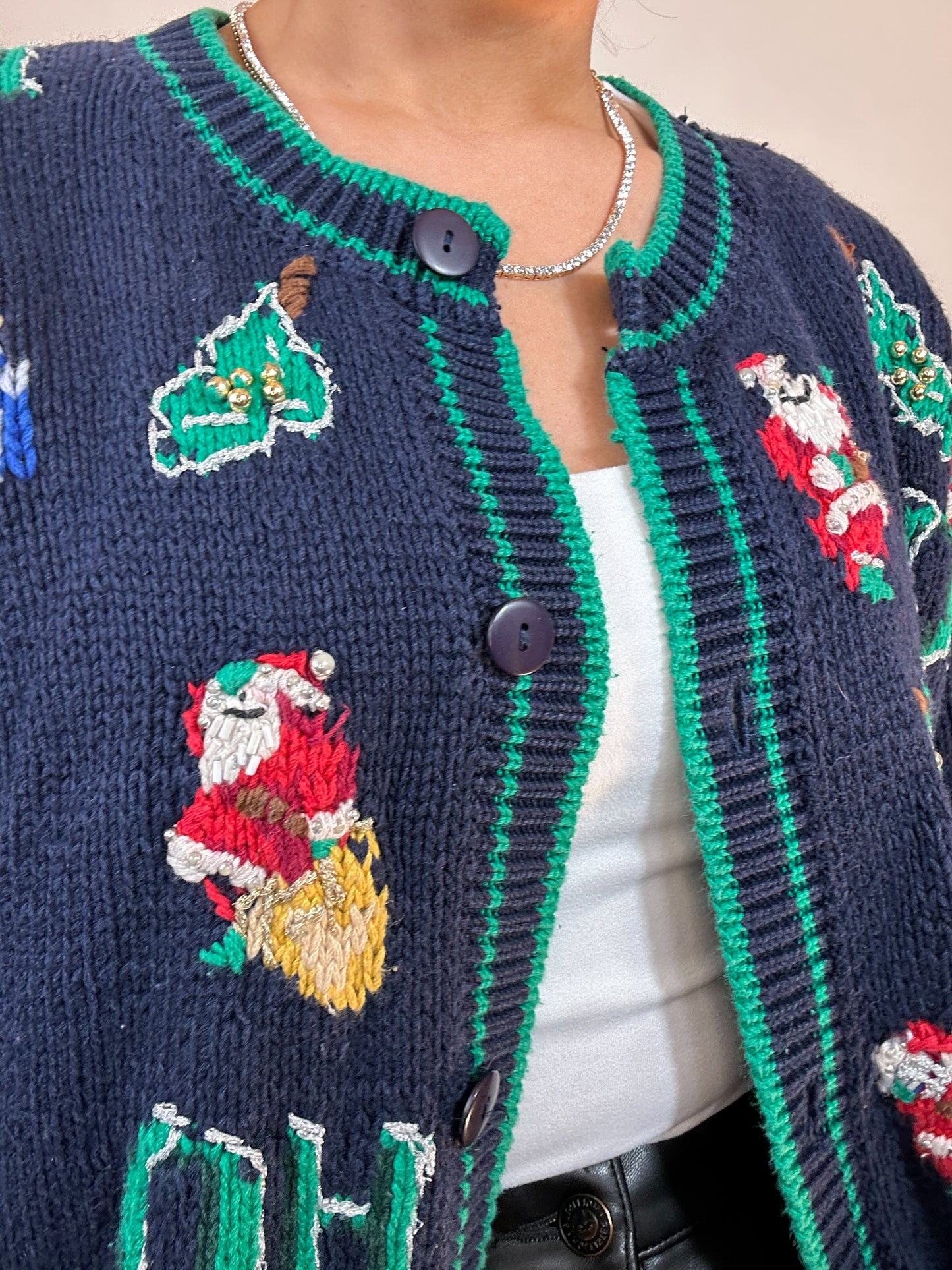 Vintage Navy Green Embroidered Beaded Santa Christmas Cardigan Sweater