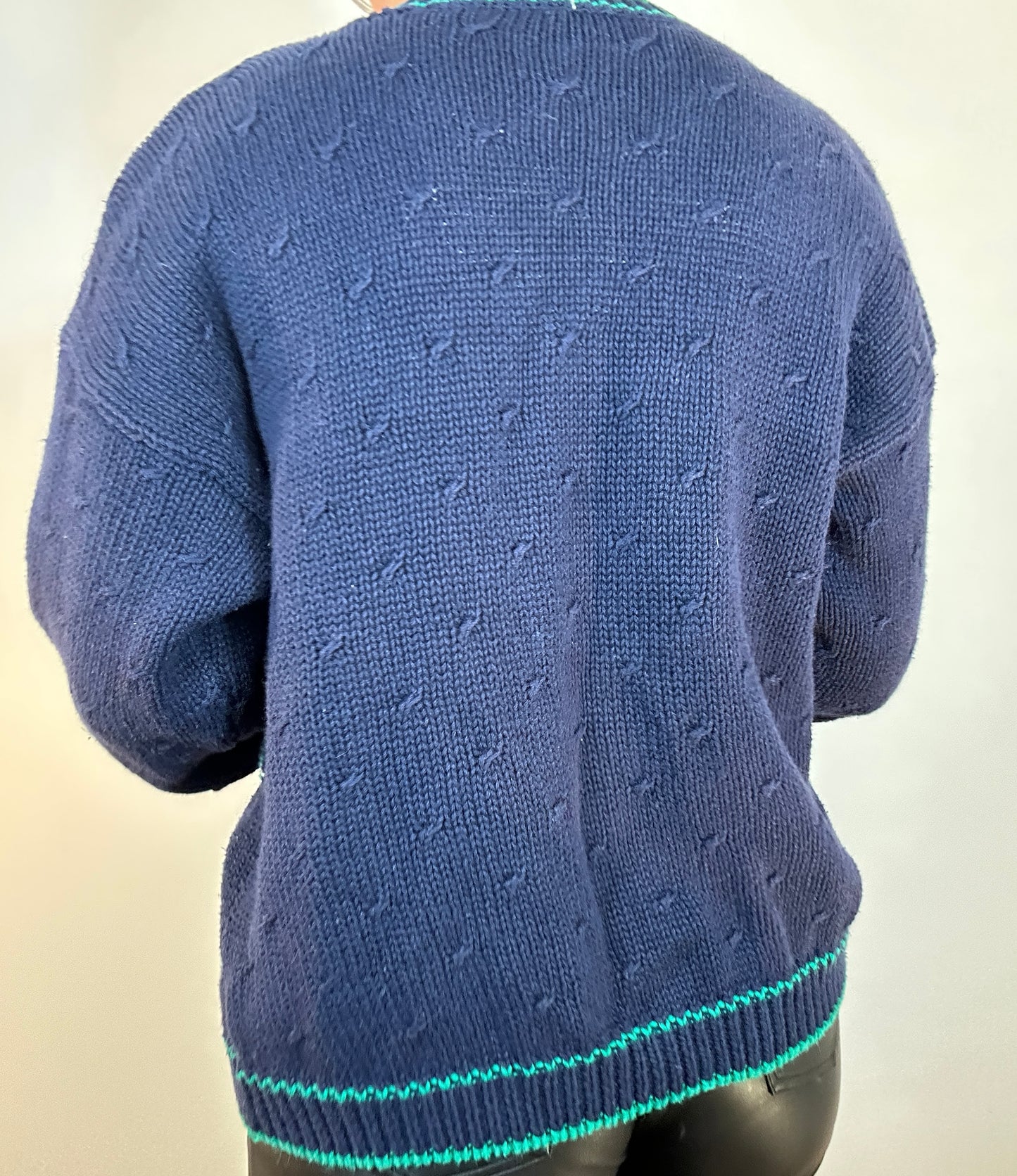 Vintage Navy Green Embroidered Beaded Santa Christmas Cardigan Sweater