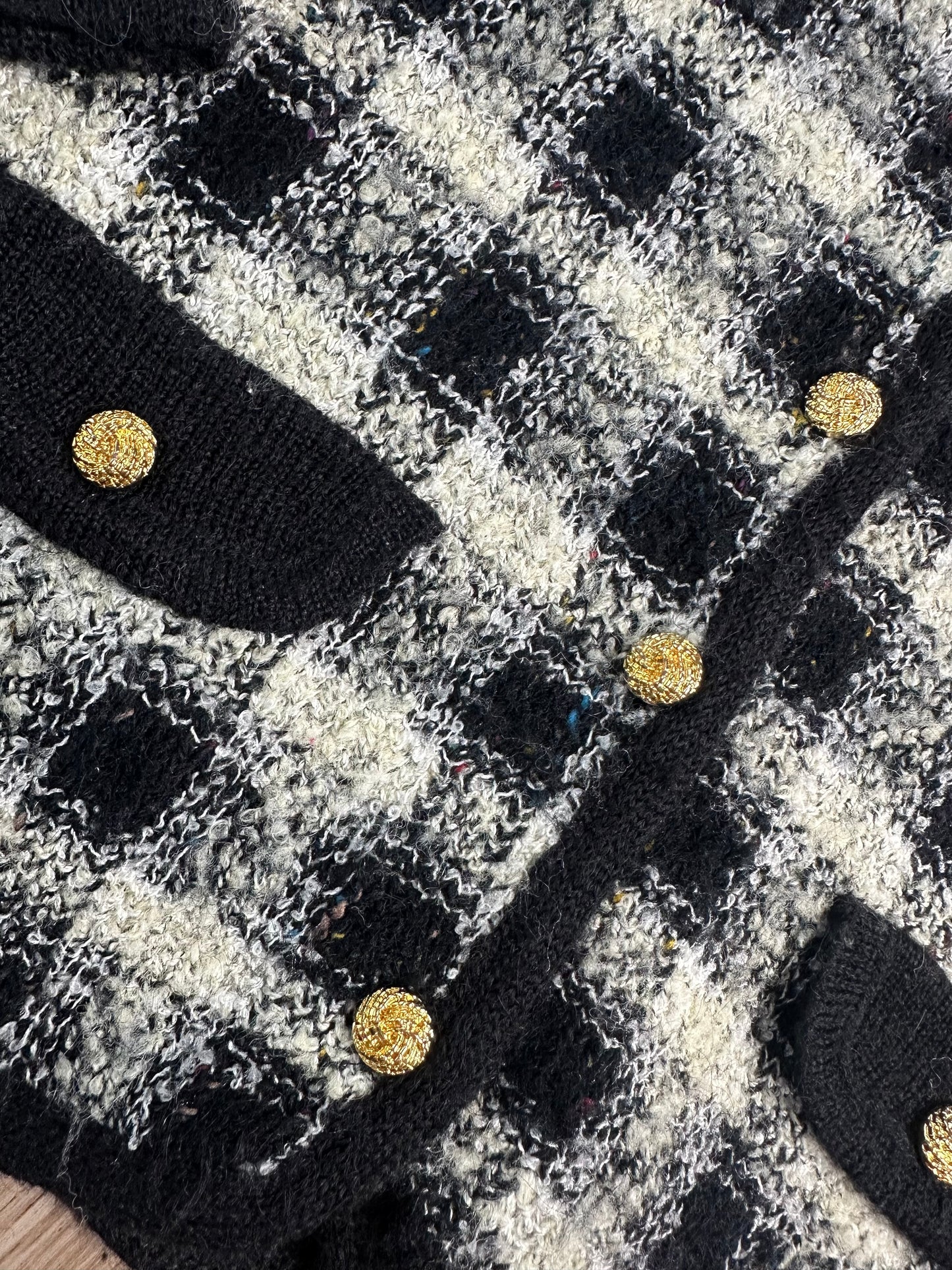 Vintage Summit Hill Black White Gold Button Plaid Cardigan Sweater