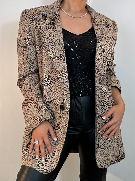 Vintage Lori Zoni Cheetah Print Lace Overlay Sparkle Gem Tan Black Oversized Blazer