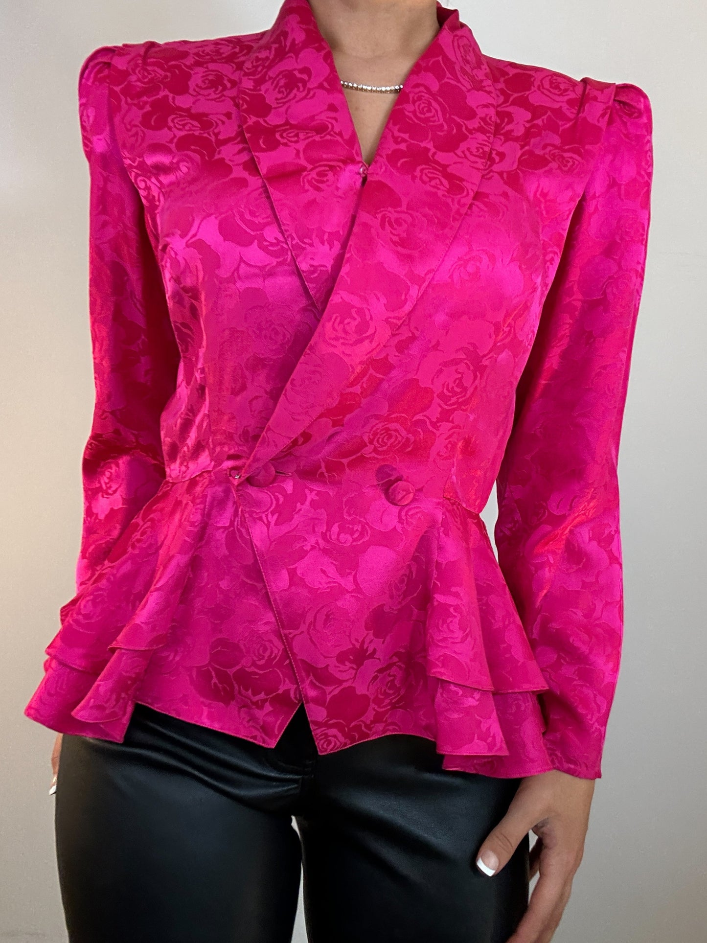 Vintage Hot Pink Rose Jaquard Floral Peplum Silk Long Sleeve Blouse