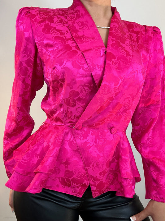 Vintage Hot Pink Rose Jaquard Floral Peplum Silk Long Sleeve Blouse