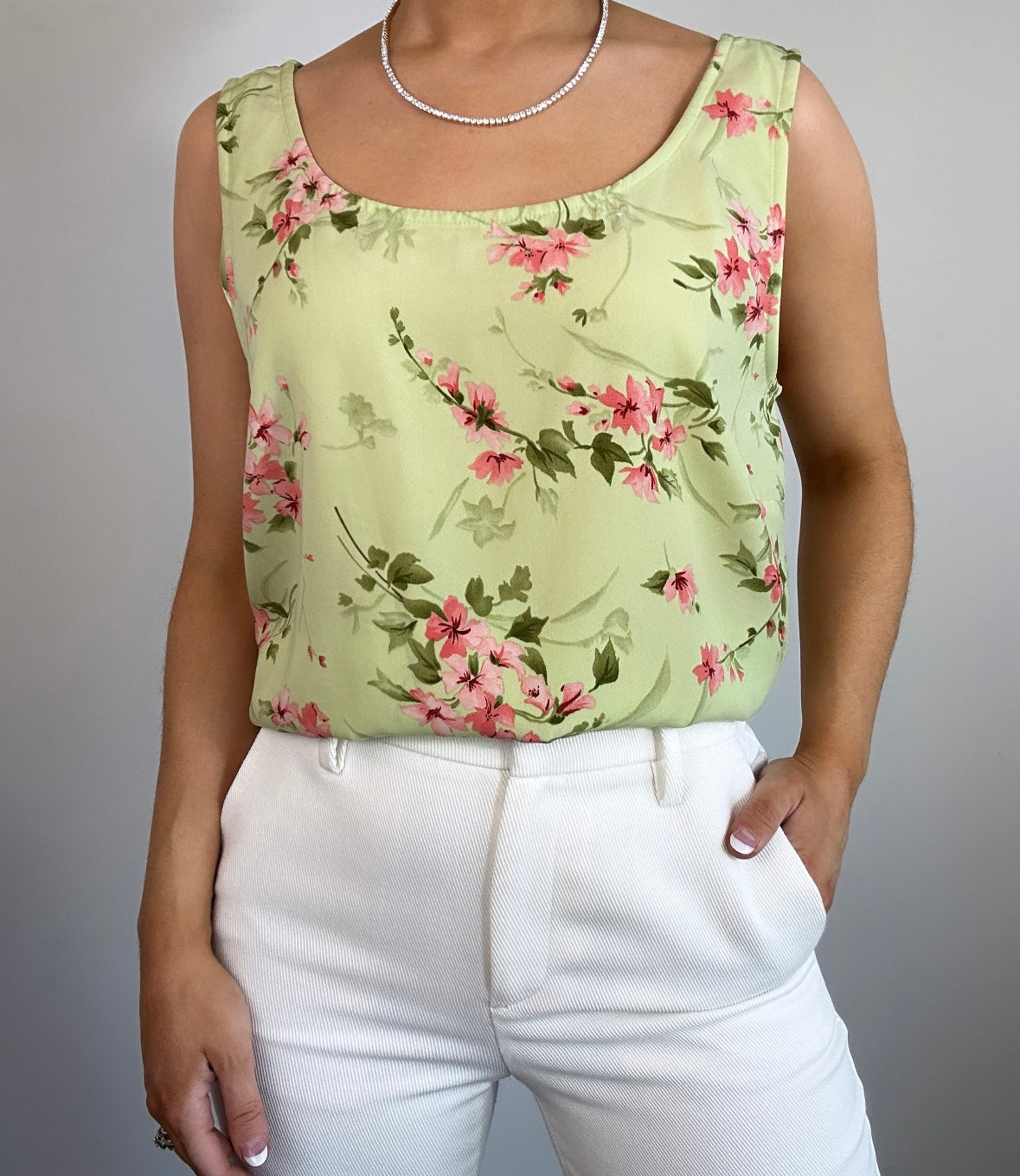 Vintage Light Green Pink Floral Tank Top