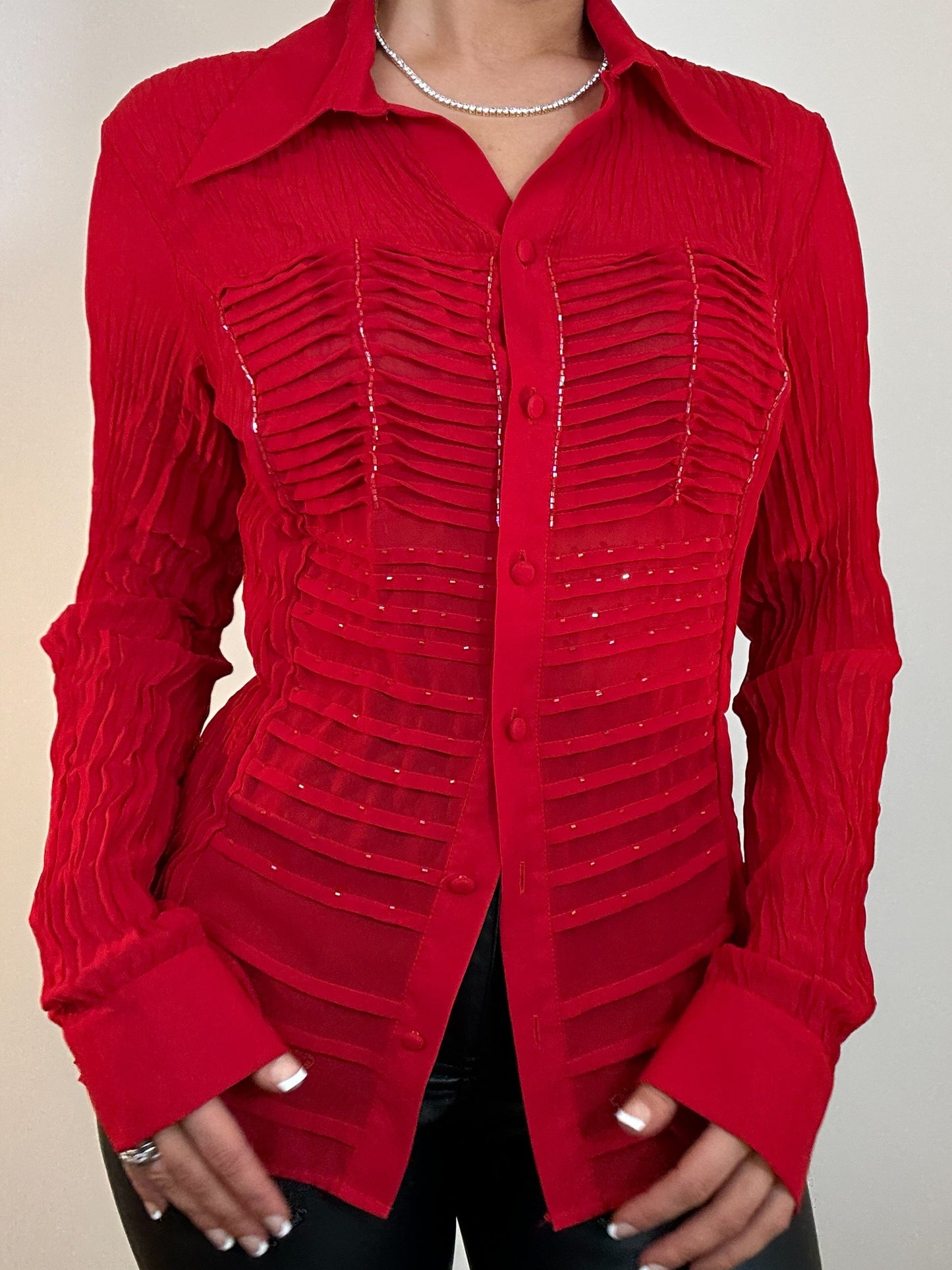 Y2K Vintage Kaelyn Max Red Beaded Textured Sheer Lon Sleeve Blouse