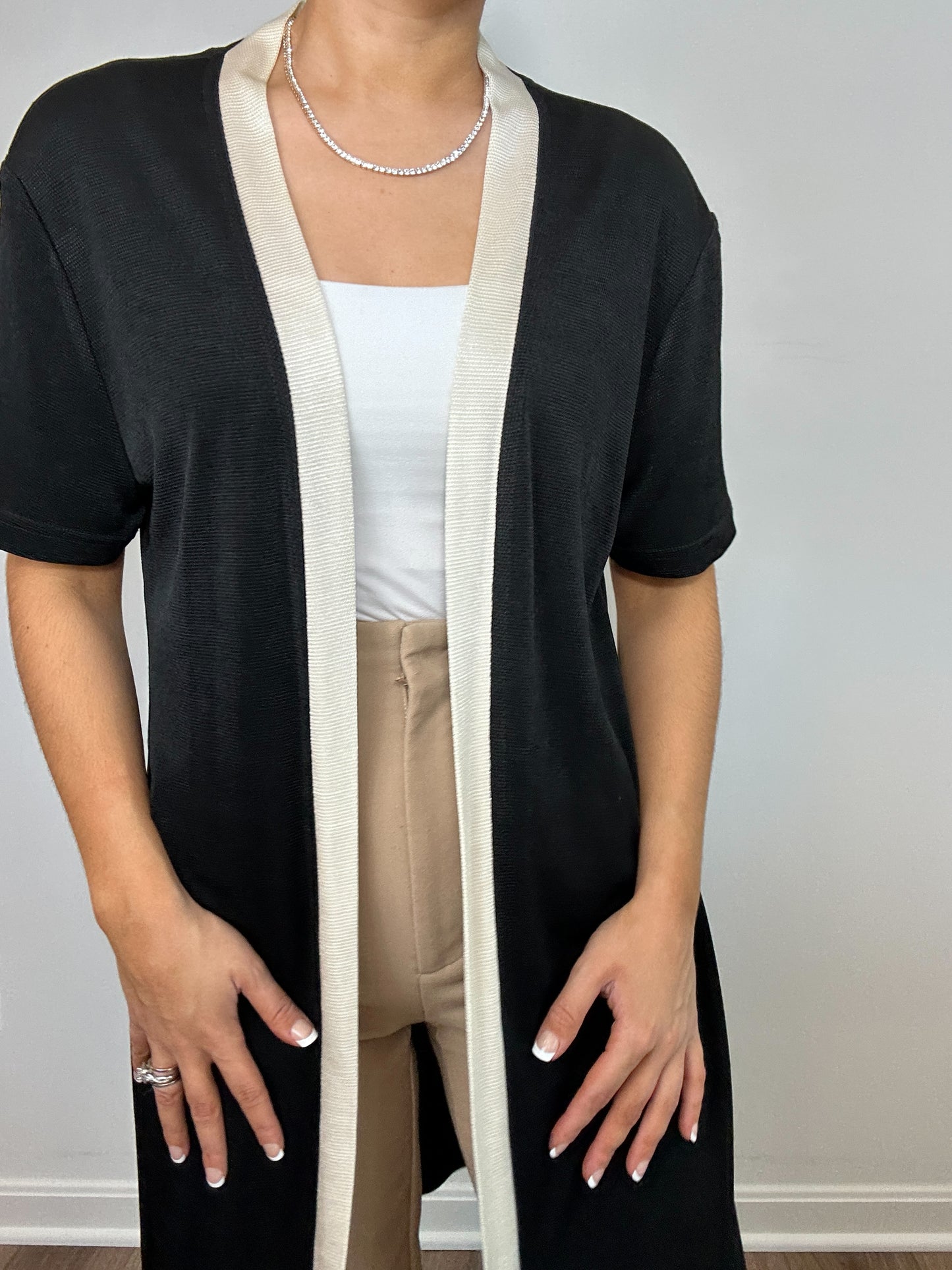 Vintage Piccalino Petites Black White Trim Kimono Cardigan Shawl