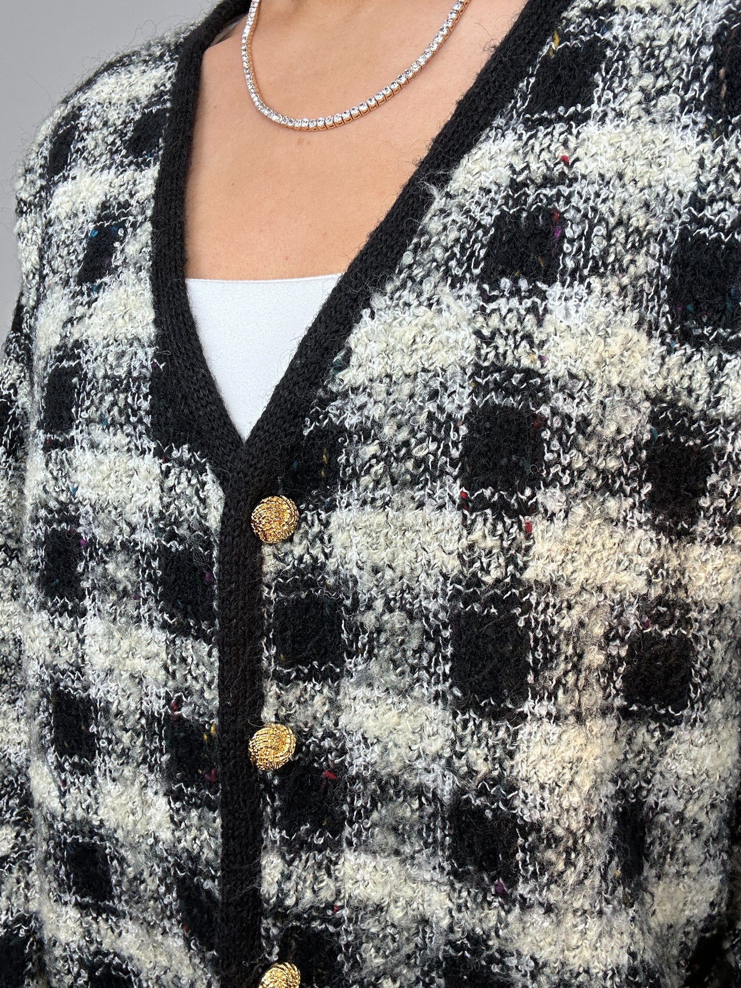 Vintage Summit Hill Black White Gold Button Plaid Cardigan Sweater