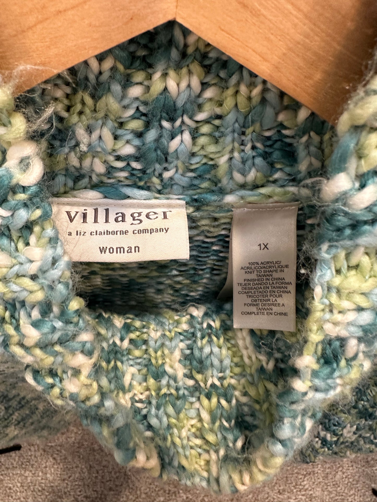 Vintage Villager Green Blue Chunky Knit Mock Neck Sweater