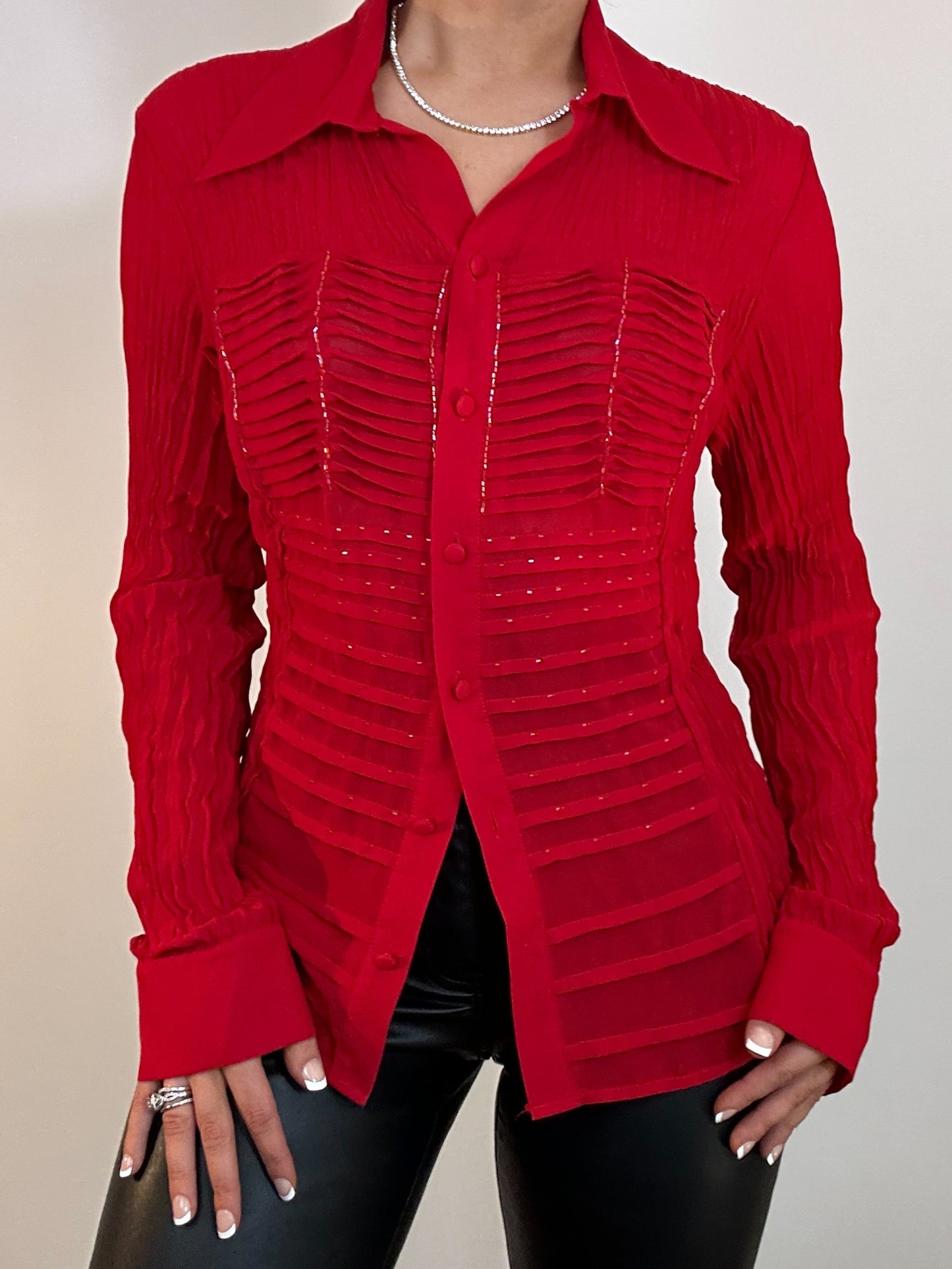 Y2K Vintage Kaelyn Max Red Beaded Textured Sheer Lon Sleeve Blouse